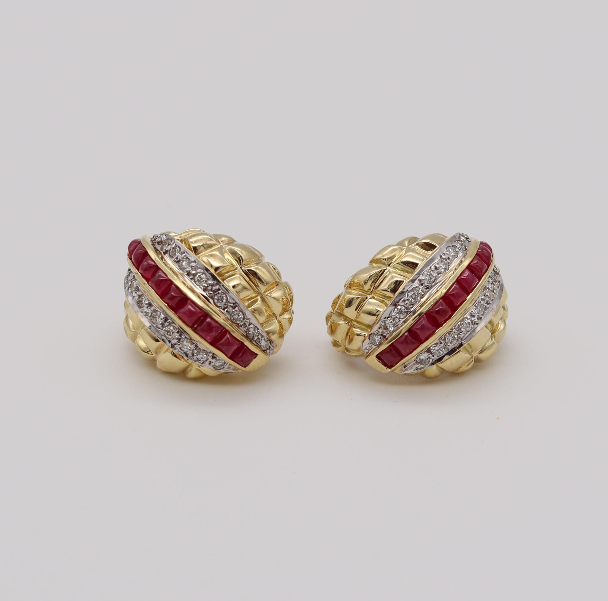 Modern 1970 Gem Set Clips Earrings in 18kt Yellow Gold 3.42 Cts Rubies Diamonds For Sale 1