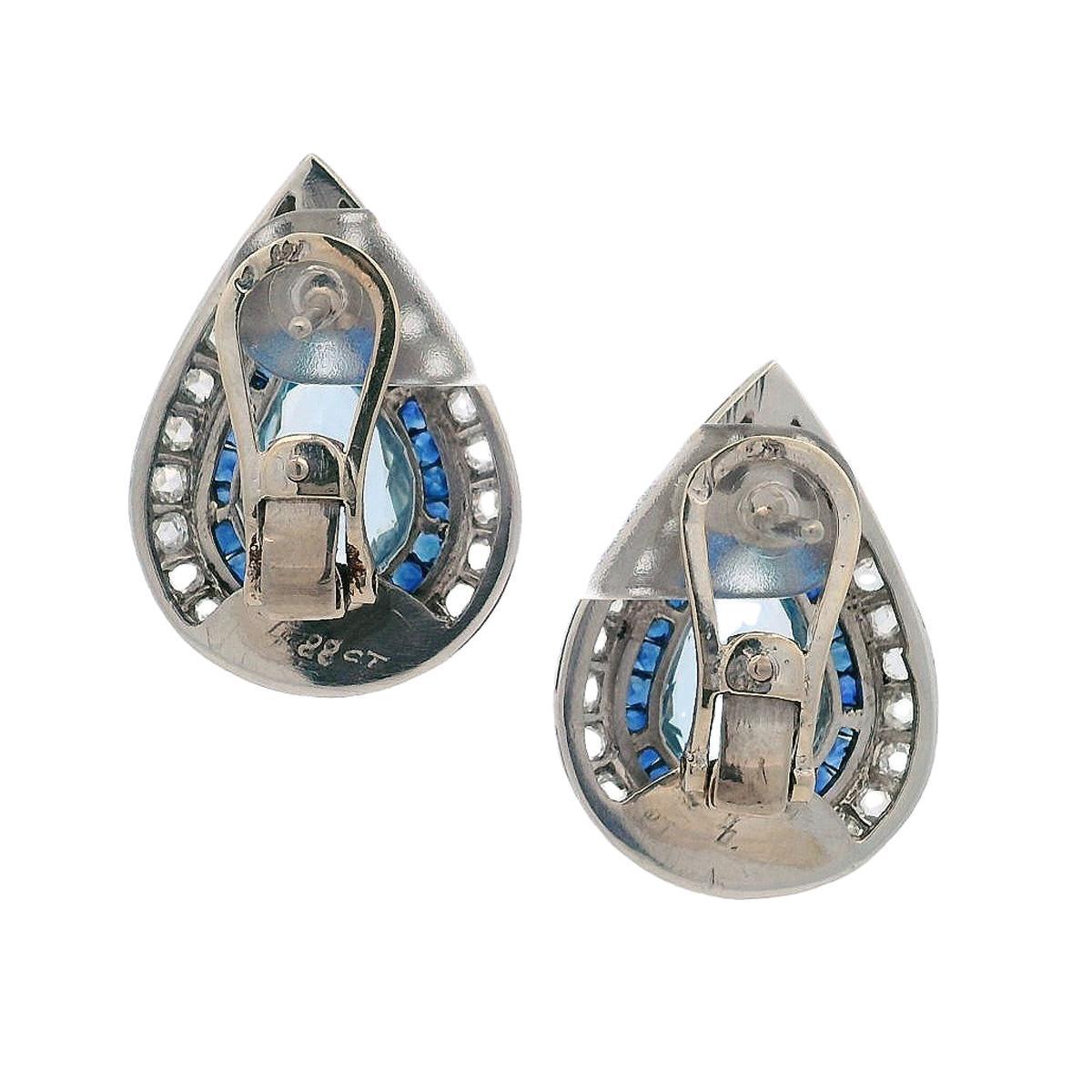 Orecchini moderni 1970 in platino con acquamarine, diamanti e zaffiri in vendita 2