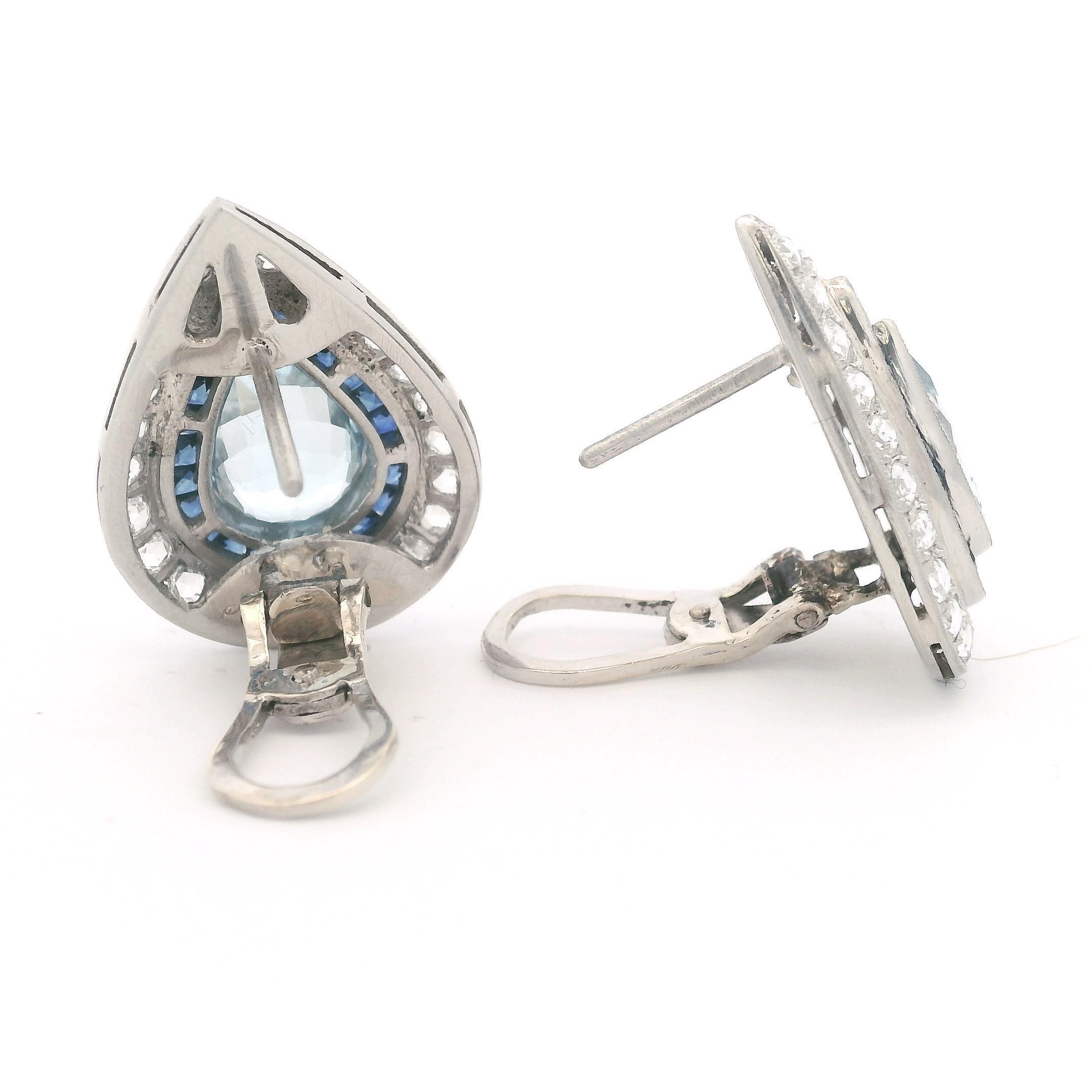 Orecchini moderni 1970 in platino con acquamarine, diamanti e zaffiri in vendita 3