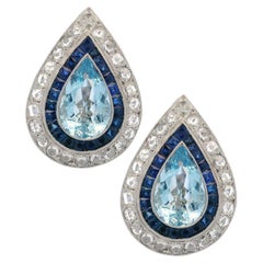 Moderne 1970 Platin-Ohrringe mit Aquamarinen, Diamanten und Saphiren