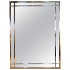 Modern 1970s Mirror with Grid Frame in Brass and Chrome