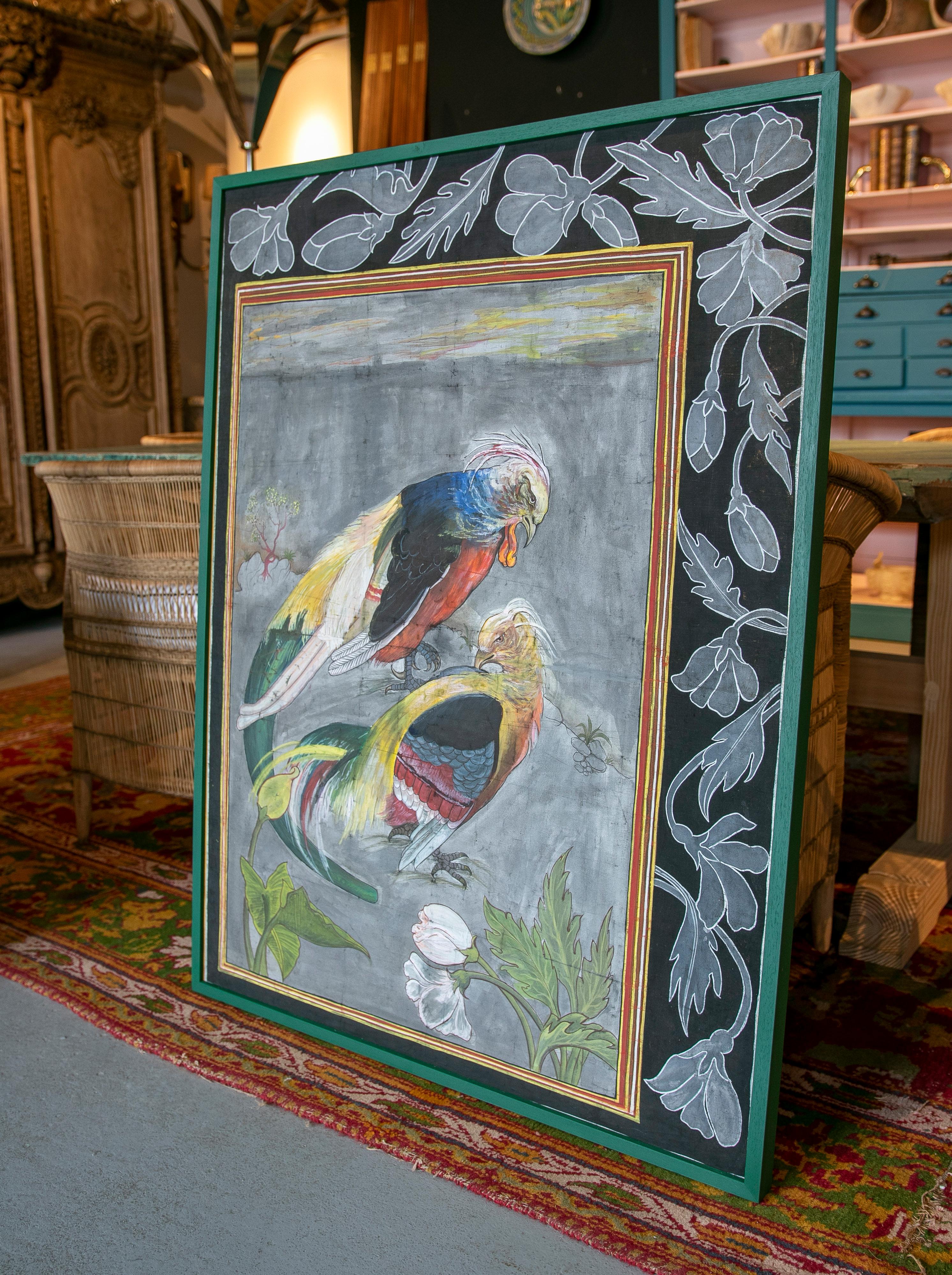 Peinture moderne espagnole des années 1970, avec deux perroquets dessinés à la main, sur toile avec cadre.