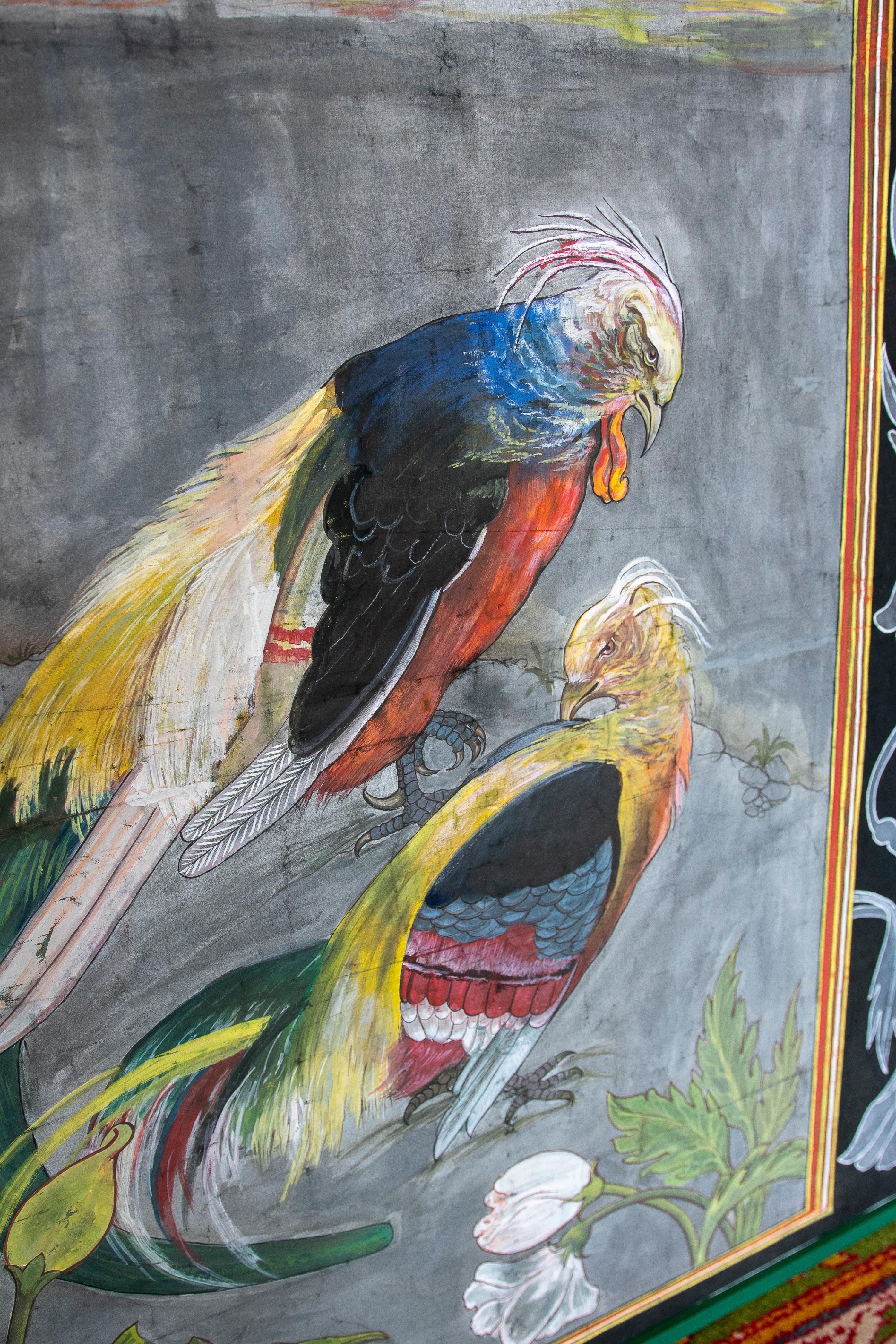 Modern 1970s Spanish Two Parrots Hand Drawn Painting on Canvas w/ Frame In Good Condition For Sale In Marbella, ES