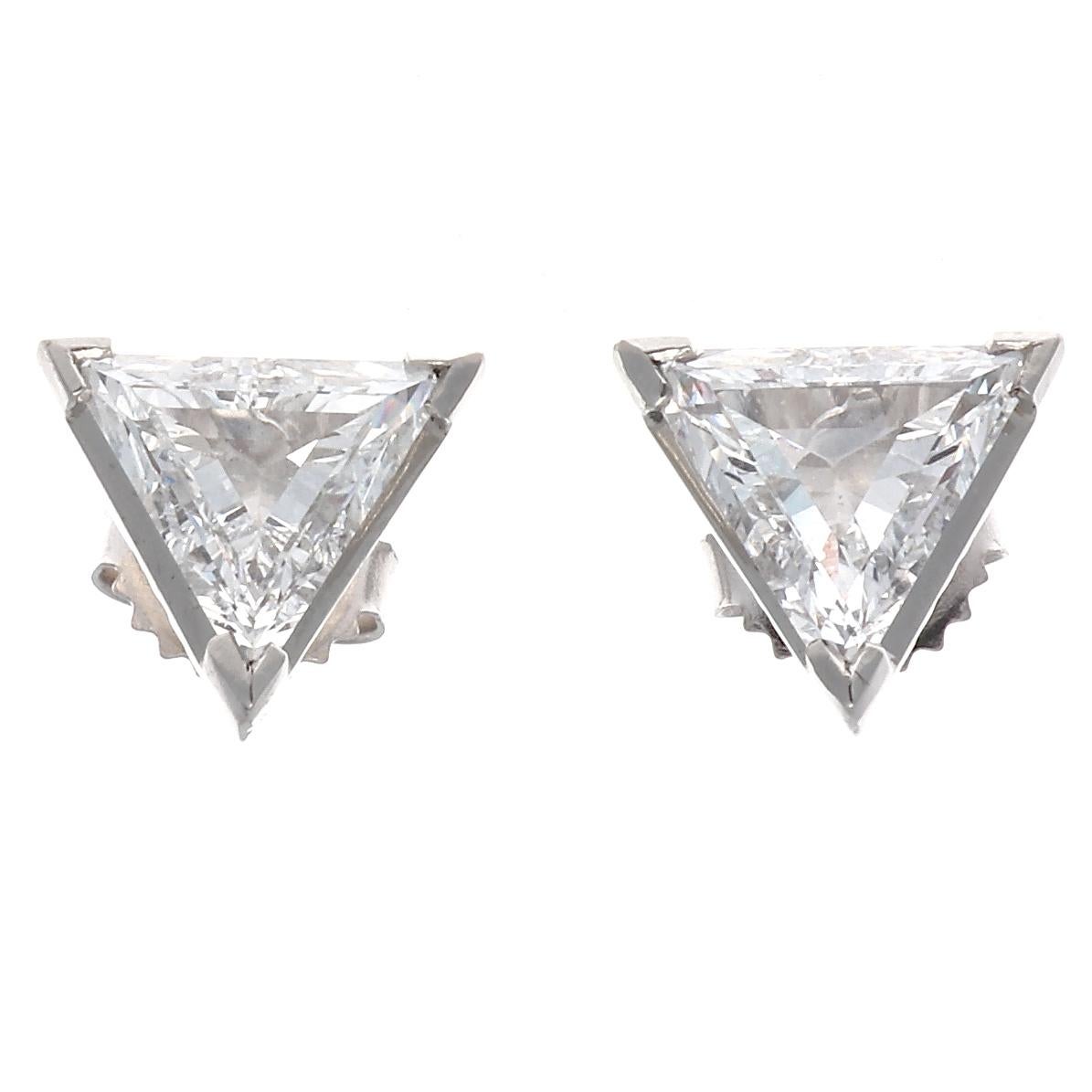 Modern 1.98 Carat Matching GIA Triangular Cut Diamond Platinum Earrings
