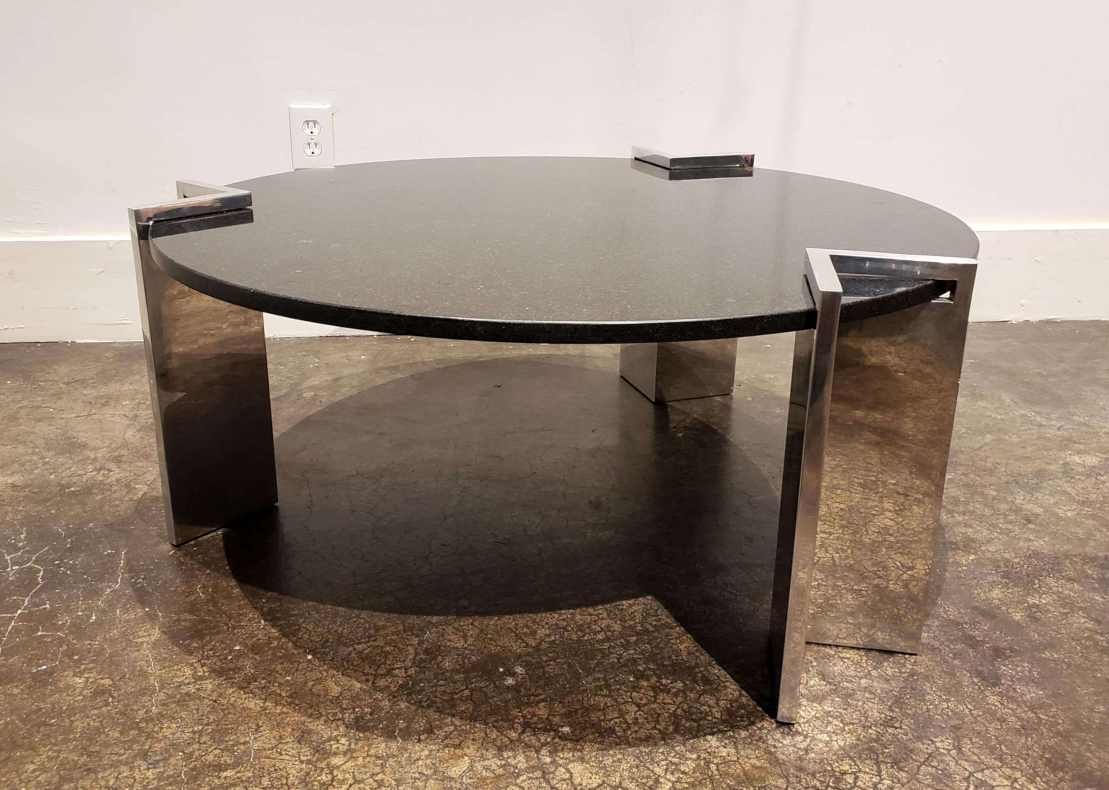 Polished Modern 1980s Aluminum and Granite Round Coffee Table