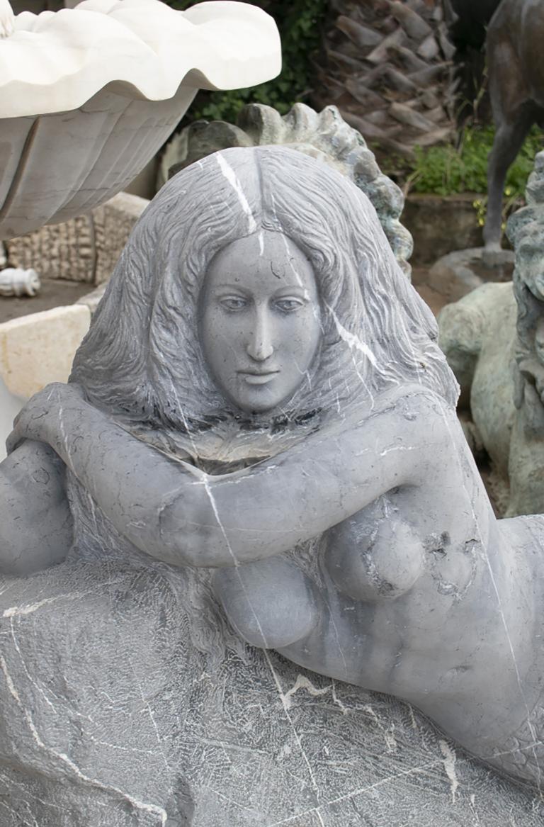 Modern 1980s Spanish Hand Carved Belgium Black Mermaid on a Rock Sculpture In Good Condition For Sale In Marbella, ES