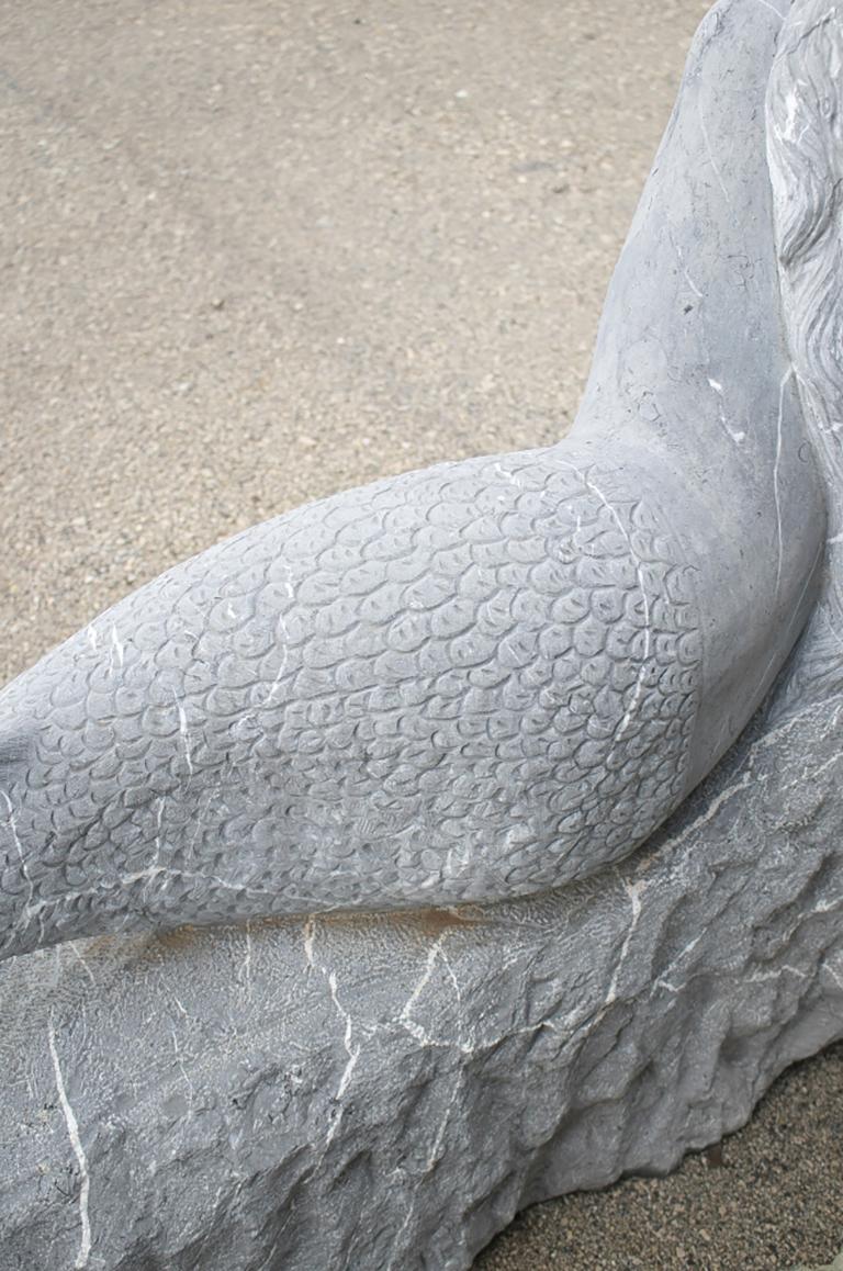 Modern 1980s Spanish Hand Carved Belgium Black Mermaid on a Rock Sculpture For Sale 2