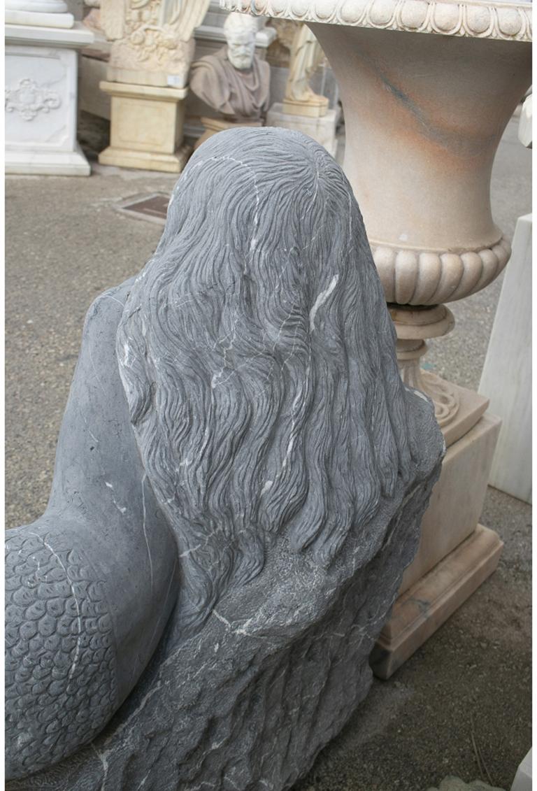 Modern 1980s Spanish Hand Carved Belgium Black Mermaid on a Rock Sculpture For Sale 3