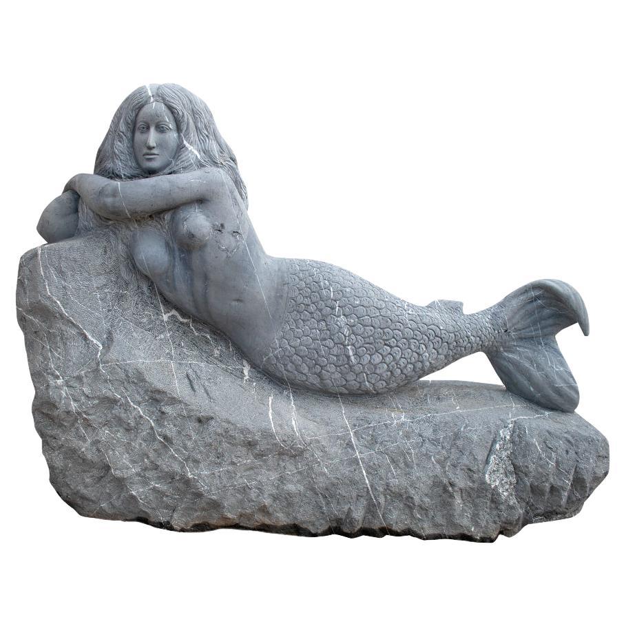 Modern 1980s Spanish Hand Carved Belgium Black Mermaid on a Rock Sculpture
