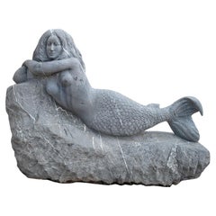 Modern 1980s Spanish Hand Carved Belgium Black Mermaid on a Rock Sculpture