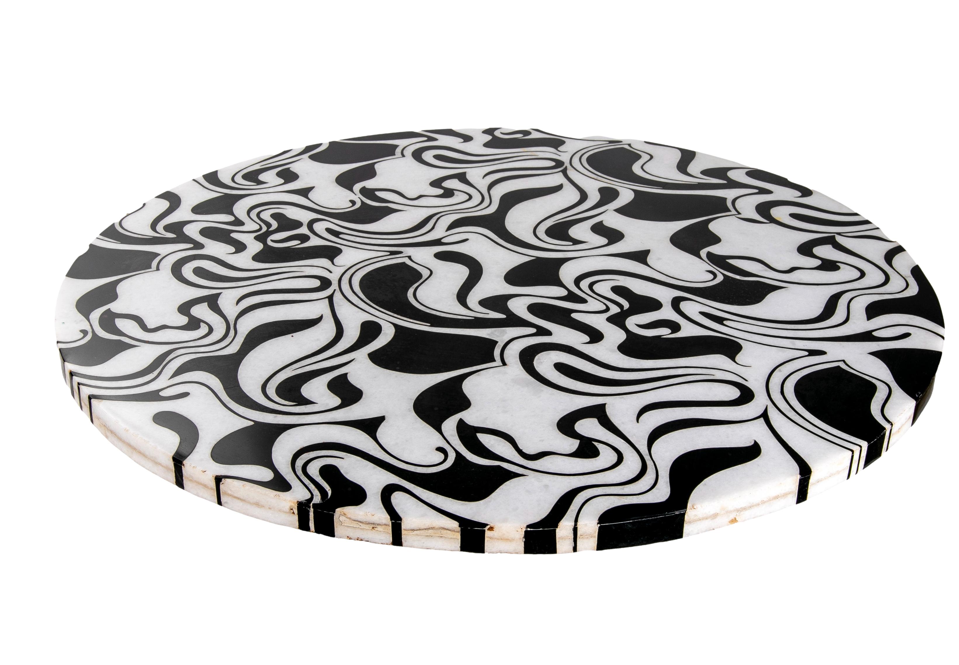 Modern 1990s Spanish mosaic white marble round top with black marble inlay abstract pattern.