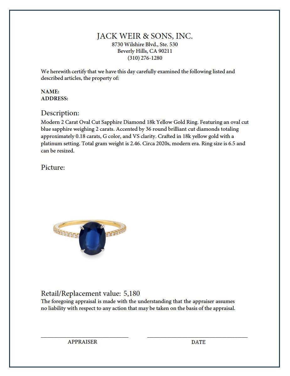 Oval Cut Modern 2 carat oval cut sapphire diamond 18k yellow gold ring For Sale