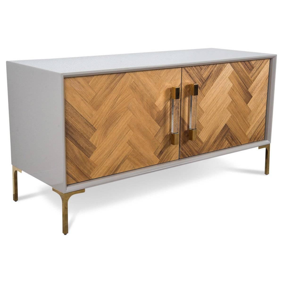 Chinese Modern Two-Door Credenza in Walnut with Brass and Lucite hardware Greystone Case For Sale