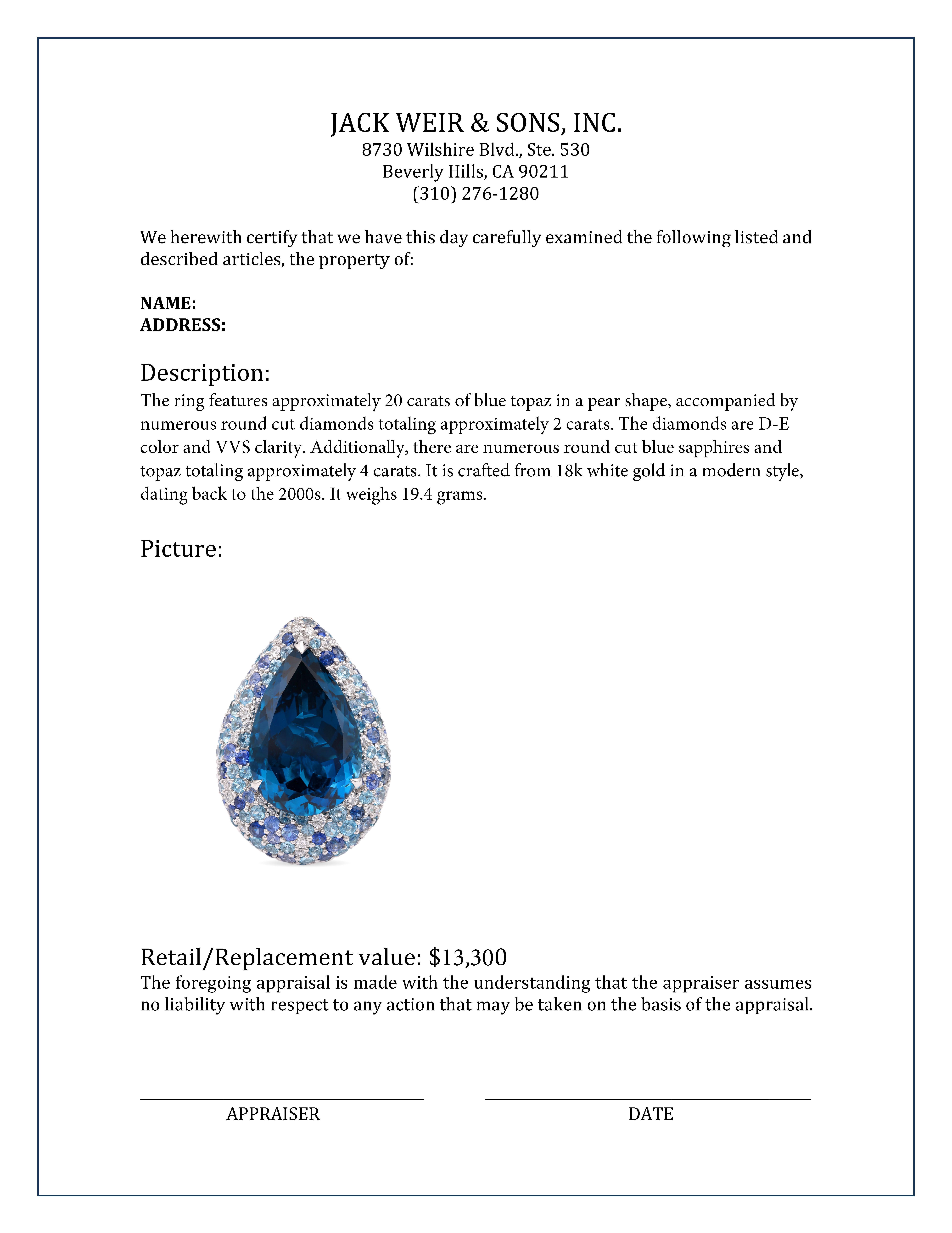 Women's or Men's Modern 20 Carat Blue Topaz Diamond Sapphire White Gold Cocktail Ring For Sale