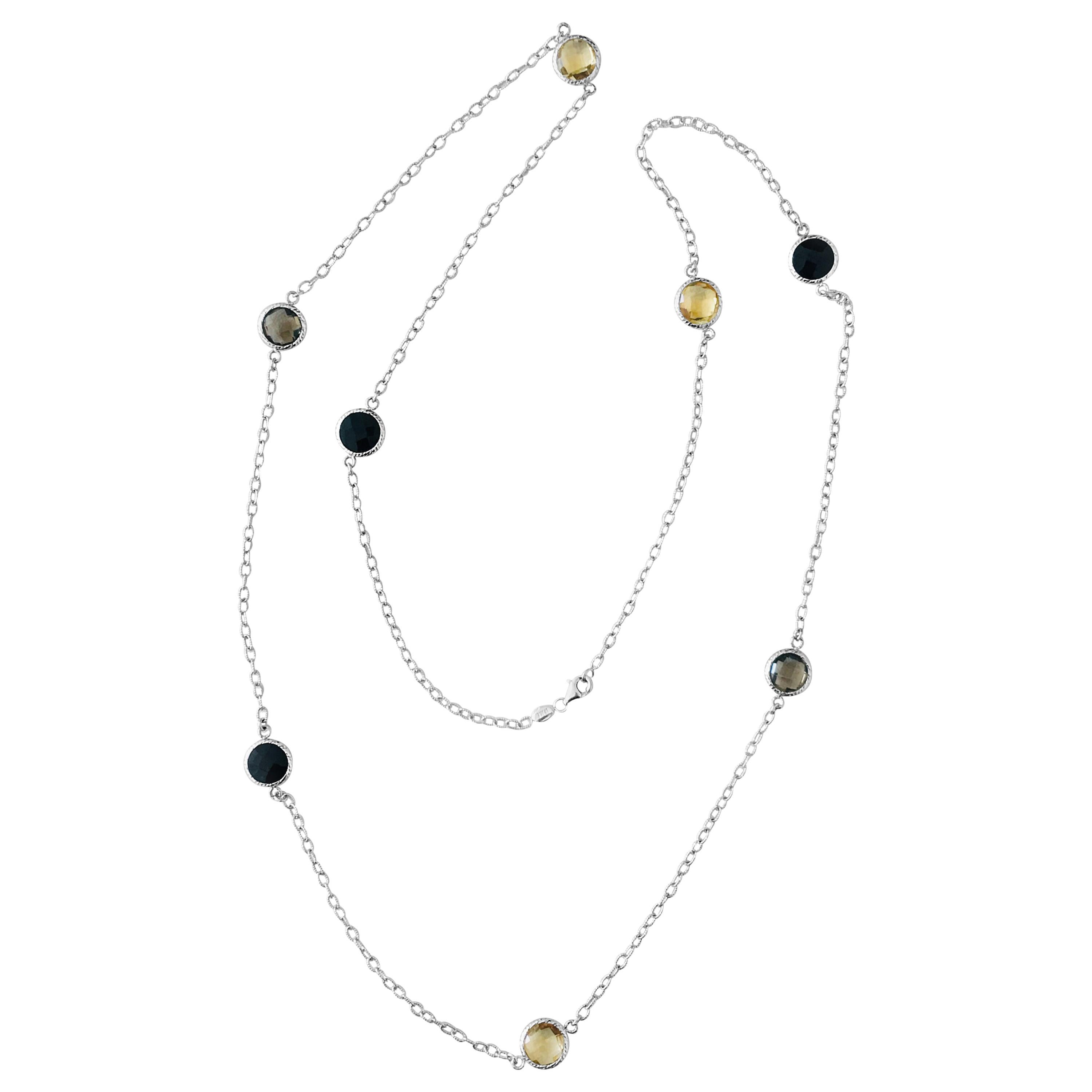 Modern 20.00 Carat Multi Gemstone 14 Karat White Gold Long Necklace For Sale