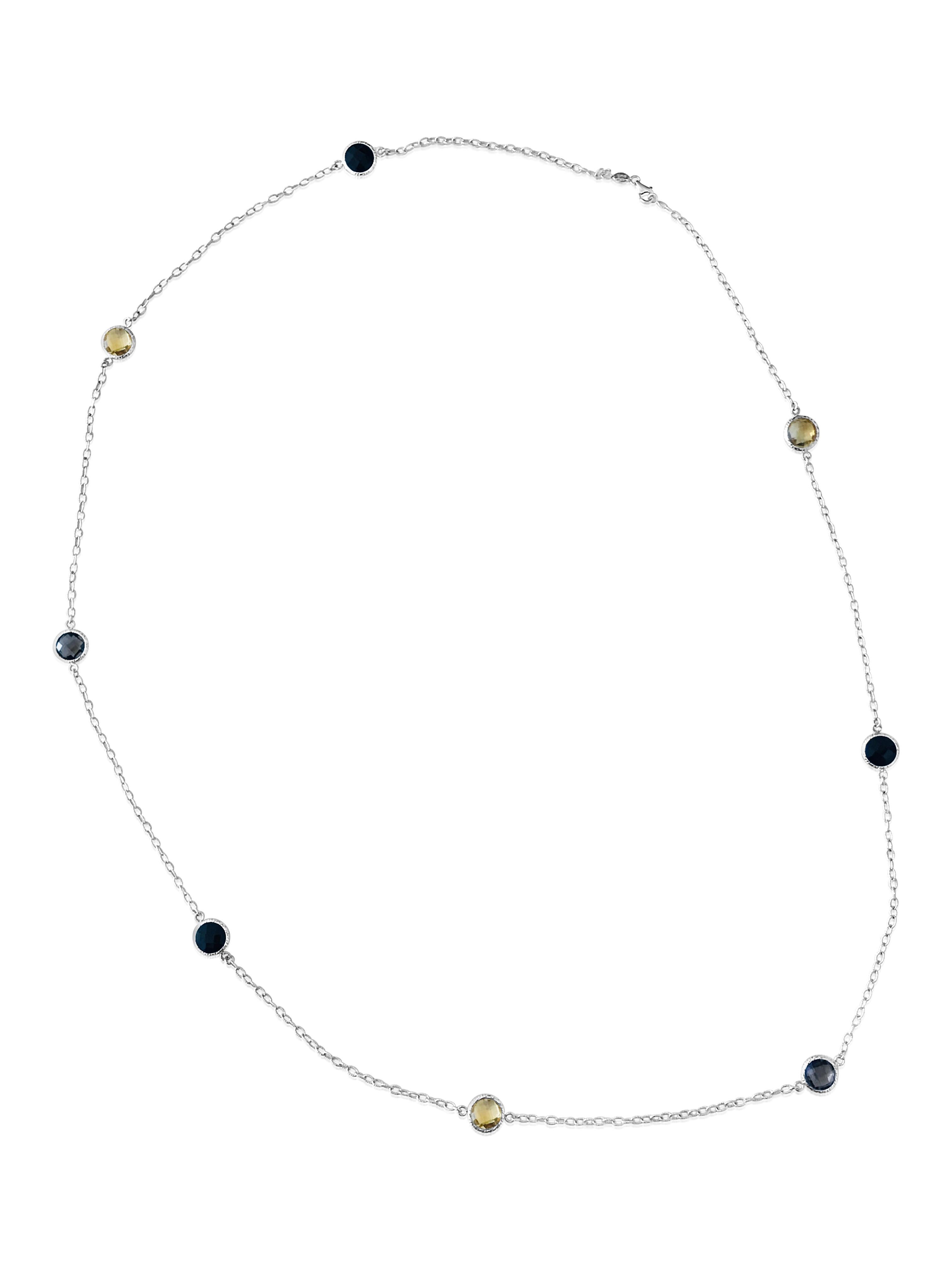 14k white gold. 20.00 carat weight total of the gemstones. 
Gemstones: Citrine, smokey quartz and onyx. 
Beautiful designer necklace. 
End to end length of the necklace: 38 inches. 
Total weight: 18.22 grams. Gorgeous one of kind ladies necklace.