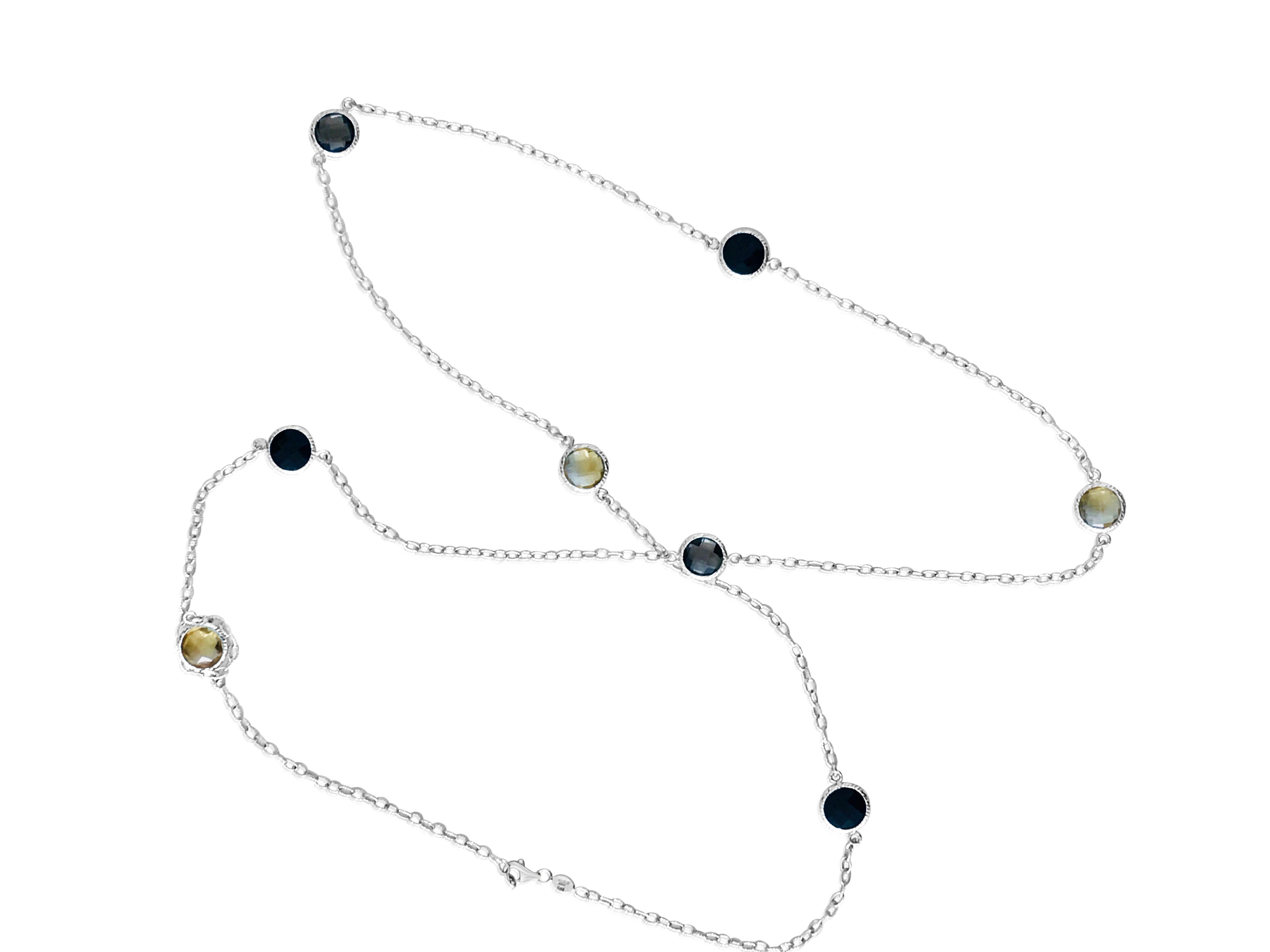 Round Cut Modern 20.00 Carat Multi Gemstone 14 Karat White Gold Long Necklace For Sale