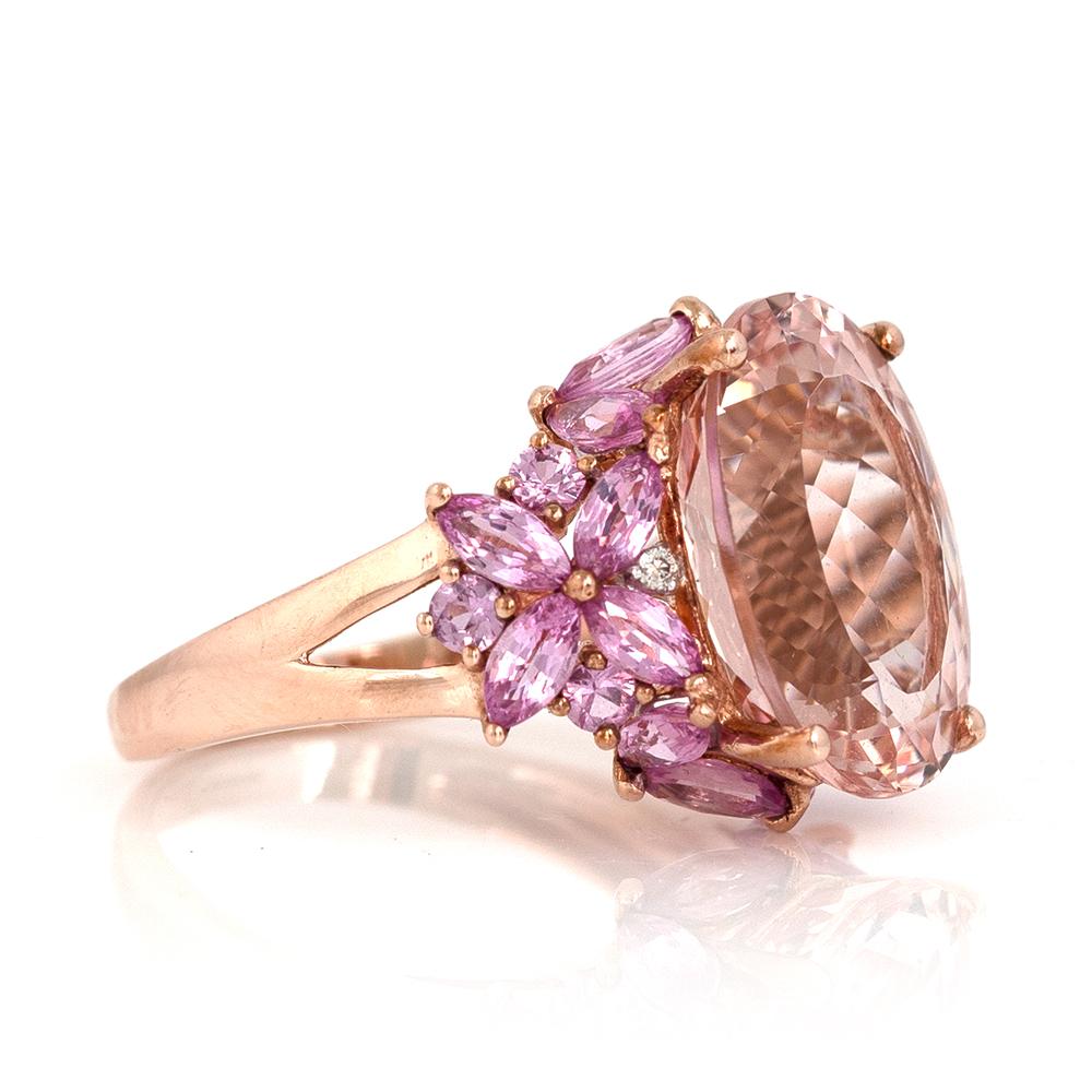Modern 2008 Morganite Pink Sapphire Diamond 9 Carat Rose Gold Ring In Excellent Condition In London, GB