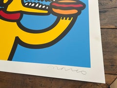 Modern 20th century block print painting "Dog eat Dog" dog eating hot dog signed