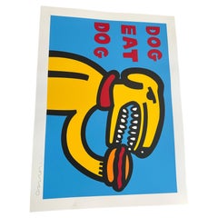 Modern 20th century block print painting "Dog eat Dog" dog eating hot dog signed