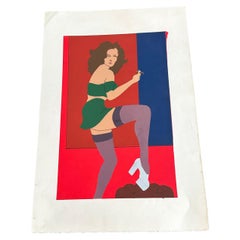 MCM-Blockdruck aus dem 20. Jahrhundert mit der Darstellung einer posierenden Showgirl; kann gerahmt werden.