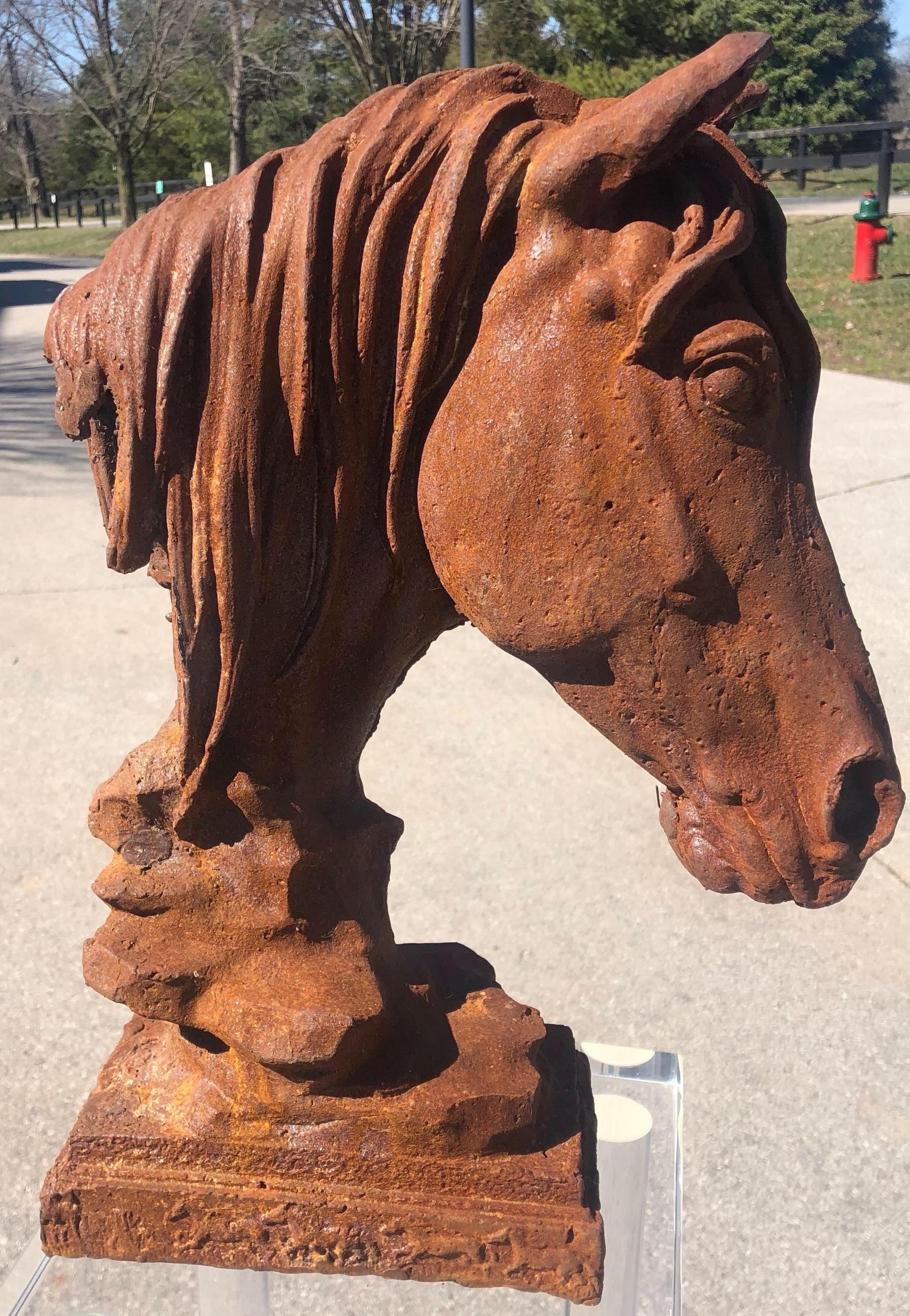 Modern 20th century cast iron horse head sculpture.