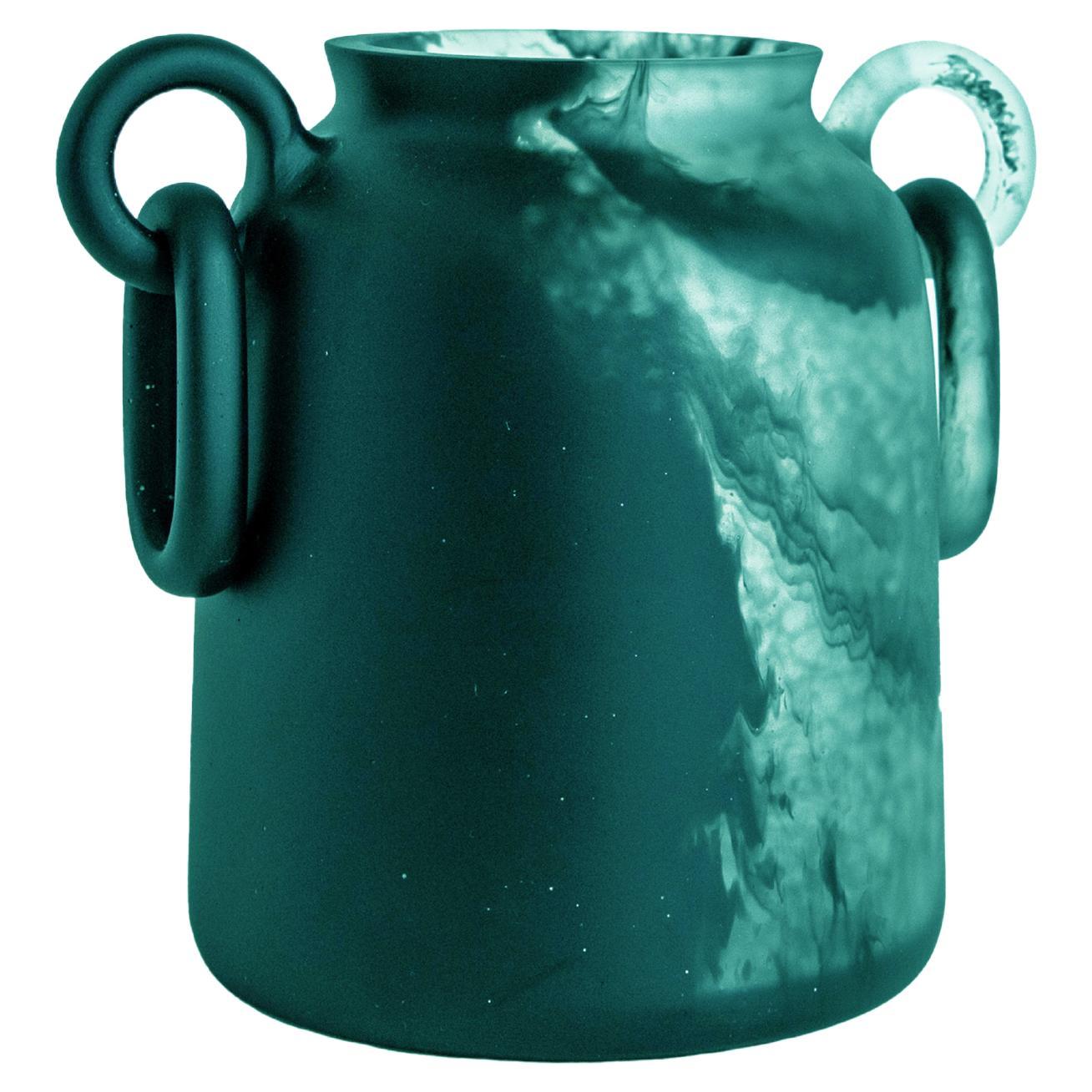 Modern 21st Century "Emerald Green Smoke Low Mitla" Resin Vase from Mexico For Sale