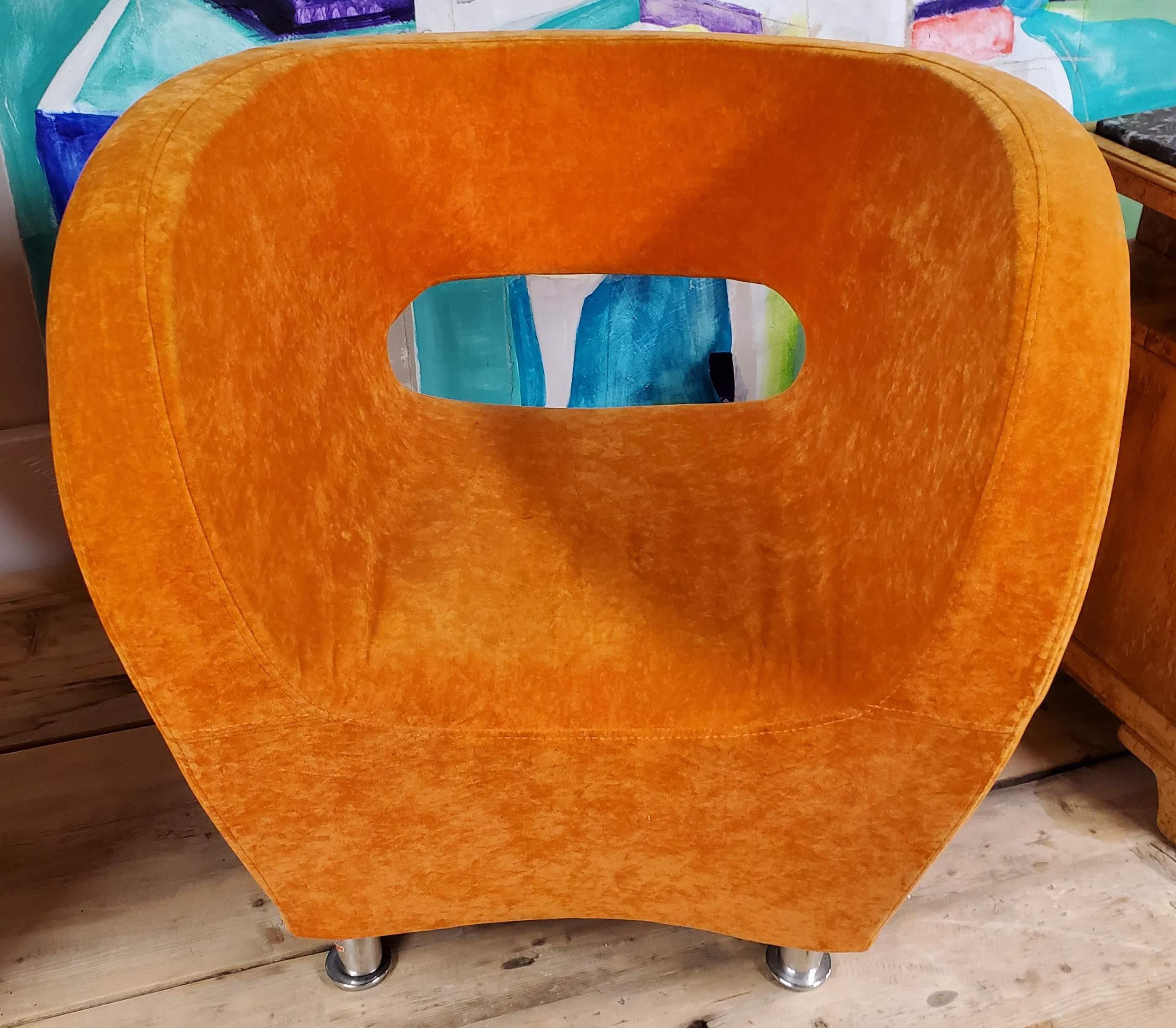 Metal Pair of Orange Barrel Tube Salazar Lounge Club Chairs