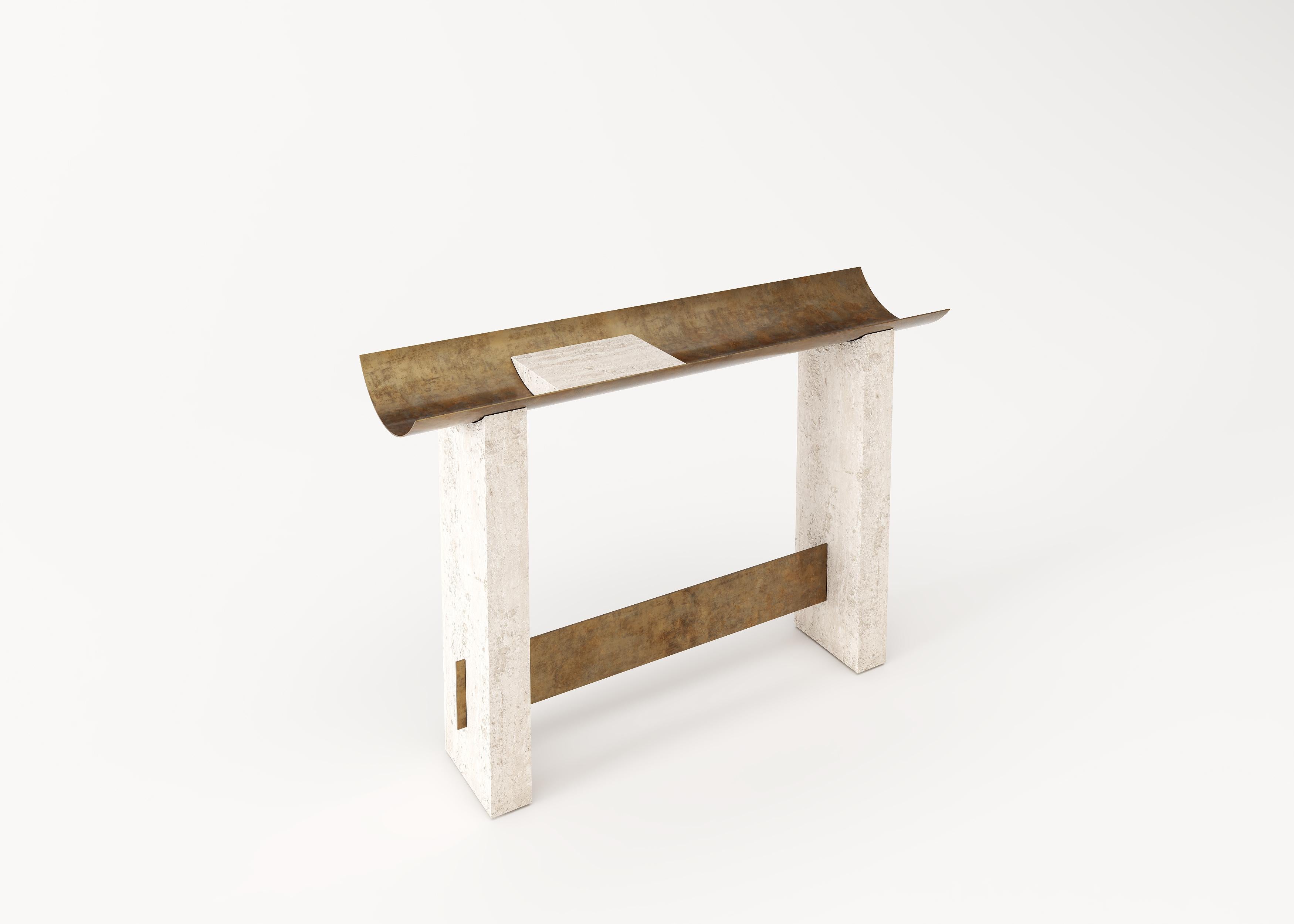 Contemporary Modern, 21st Century, Patinated, Brass, Travertine, Signed, Unique, Brut Console For Sale