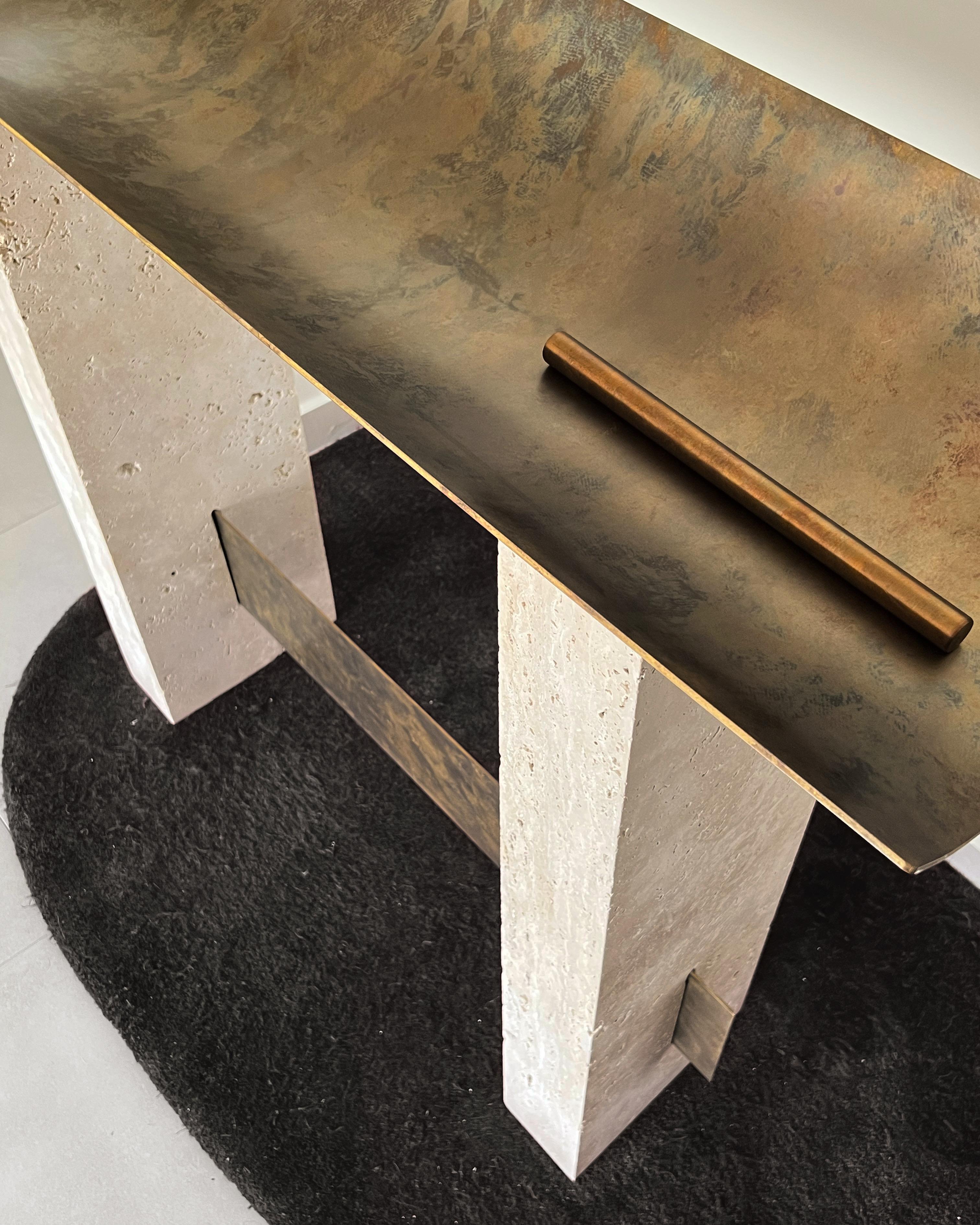 Turkish Modern, 21st Century, Patinated, Brass, Travertine, Signed, Unique, Brut Console For Sale