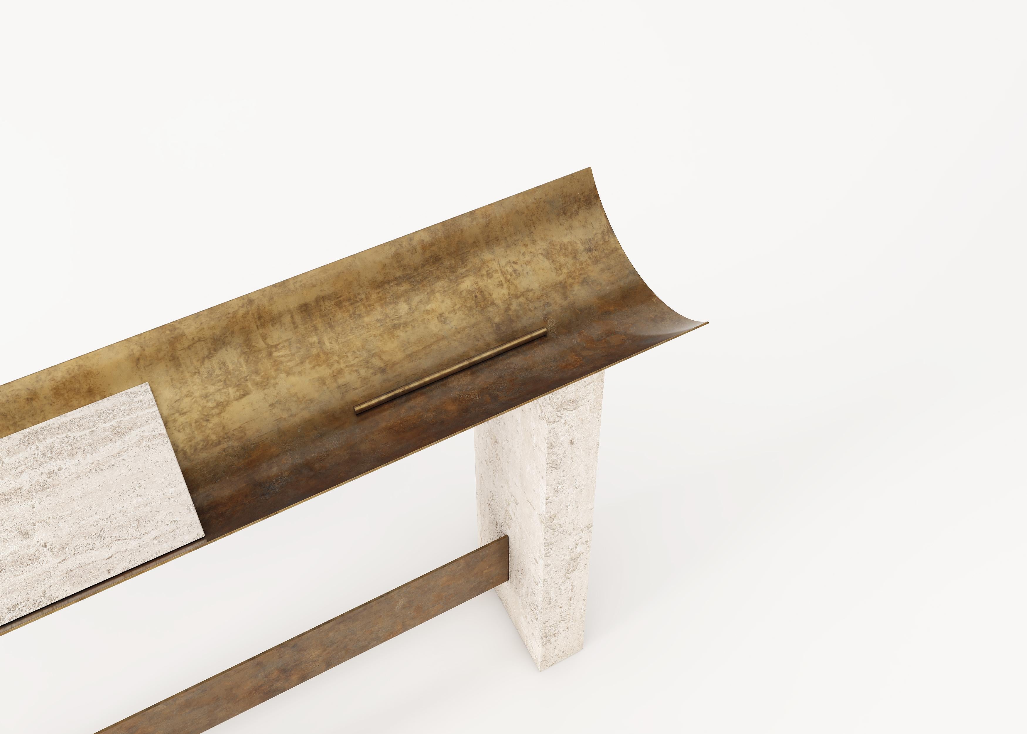 Modern, 21st Century, Patinated, Brass, Travertine, Signed, Unique, Brut Console For Sale 2