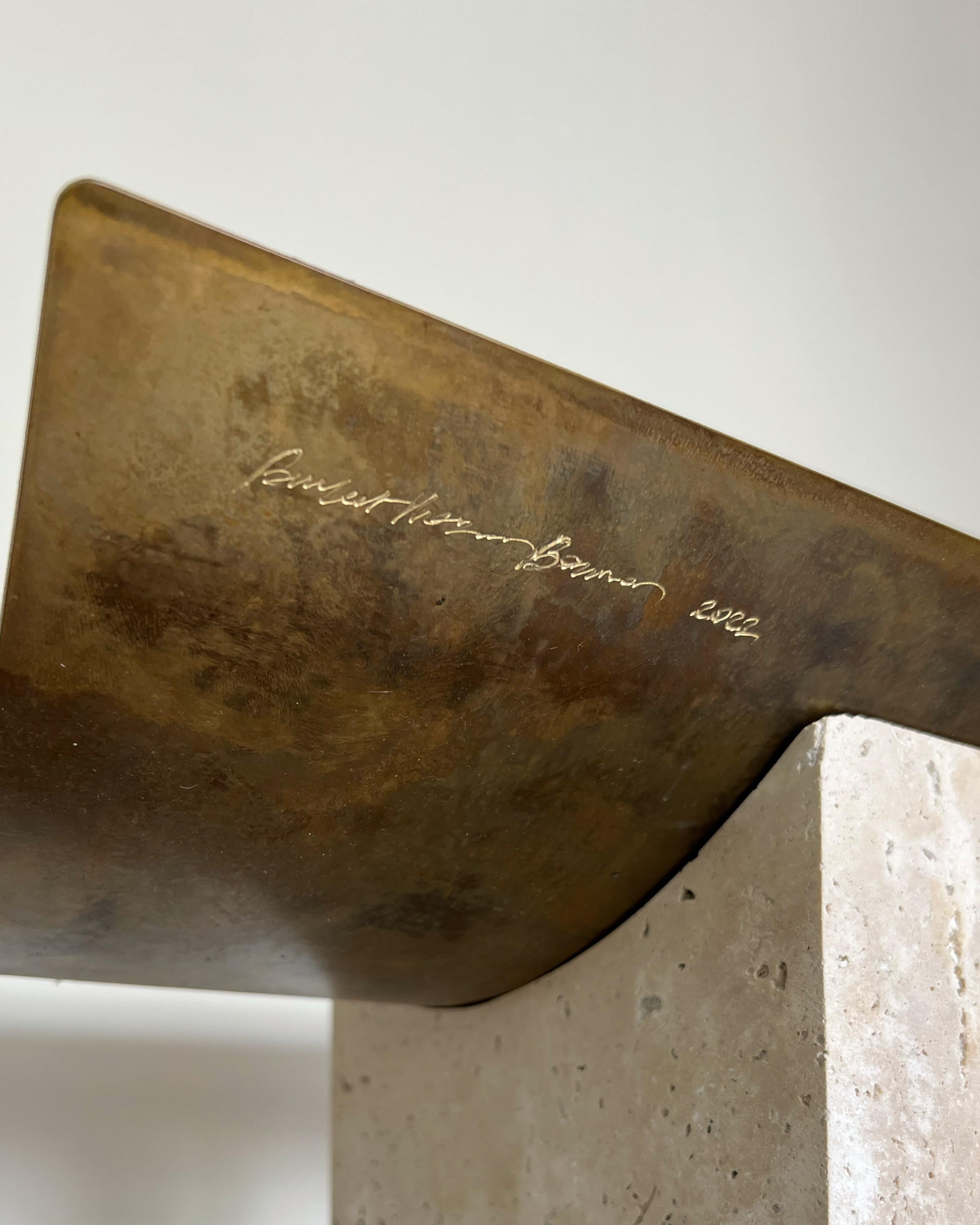 Modern, 21st Century, Patinated, Brass, Travertine, Signed, Unique, Brut Console In New Condition For Sale In Istanbul, TR