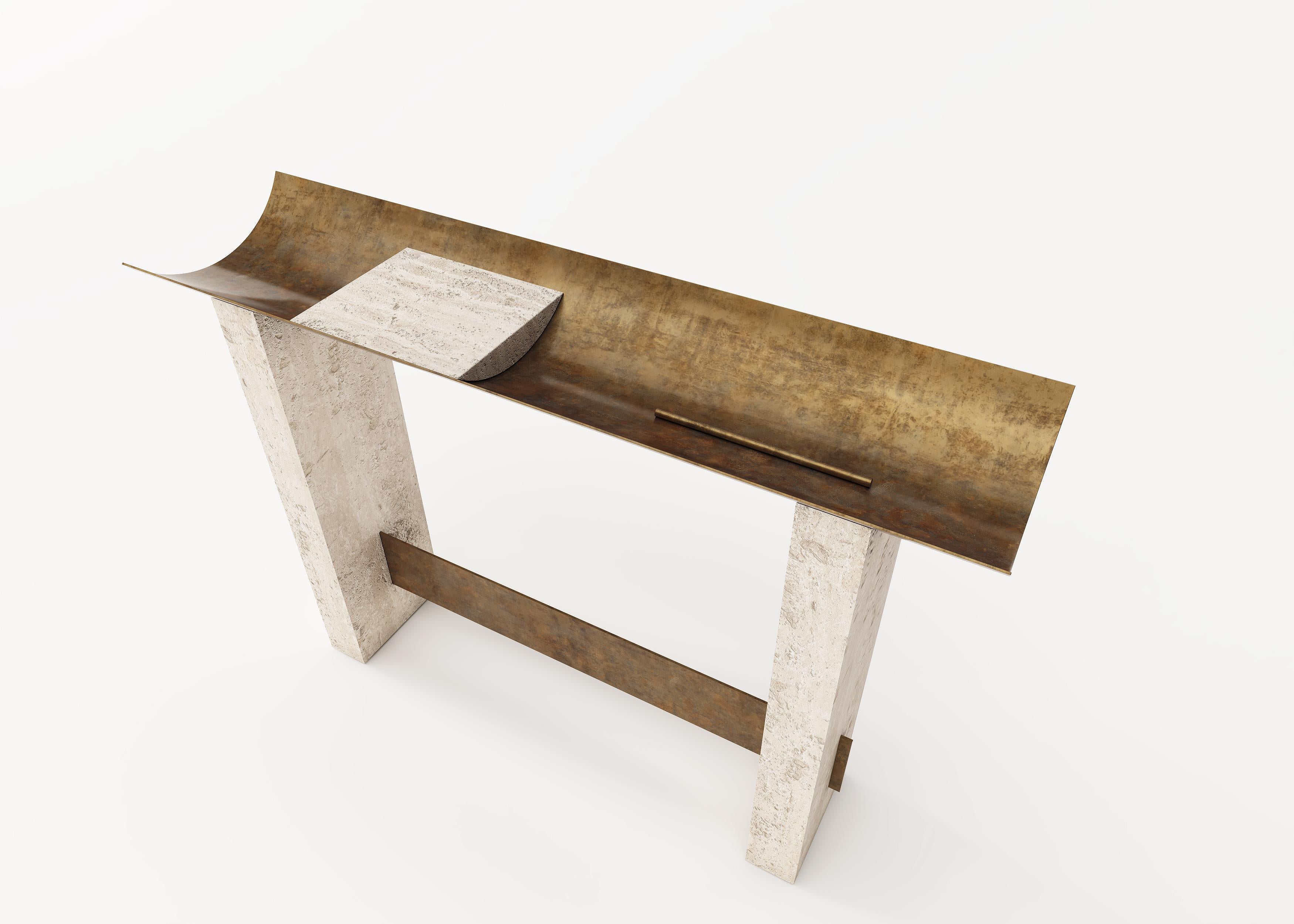 Modern, 21st Century, Patinated, Brass, Travertine, Signed, Unique, Brut Console For Sale 3