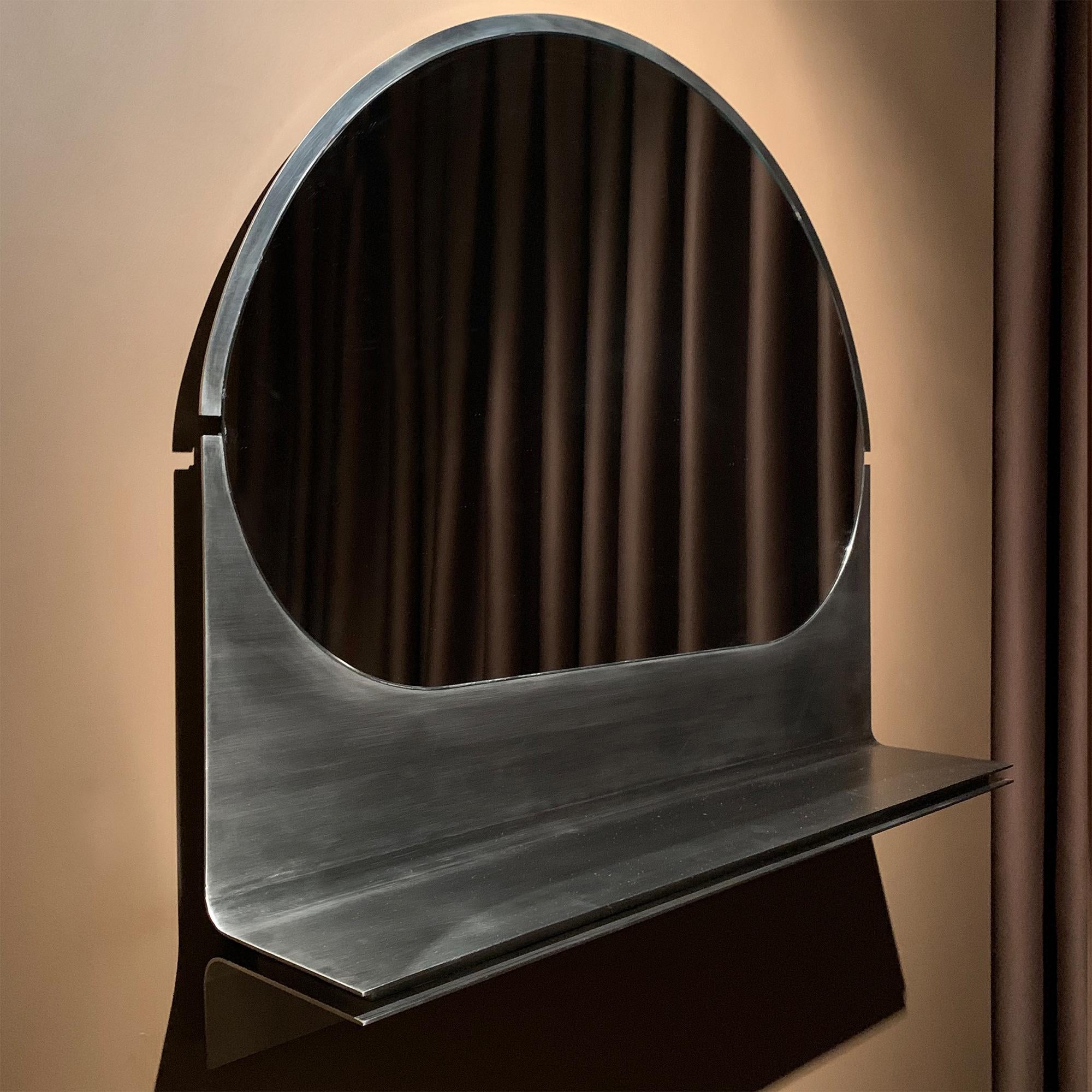Metalwork Modern, 21st Century, Stainless Steel, Bend, Wall Mirror, with Shelf For Sale
