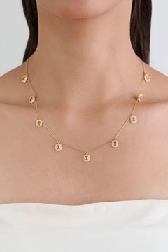 Modern 2.24ct Citrine & Diamond Halo Station Charm Necklace in 14K Yellow Gold