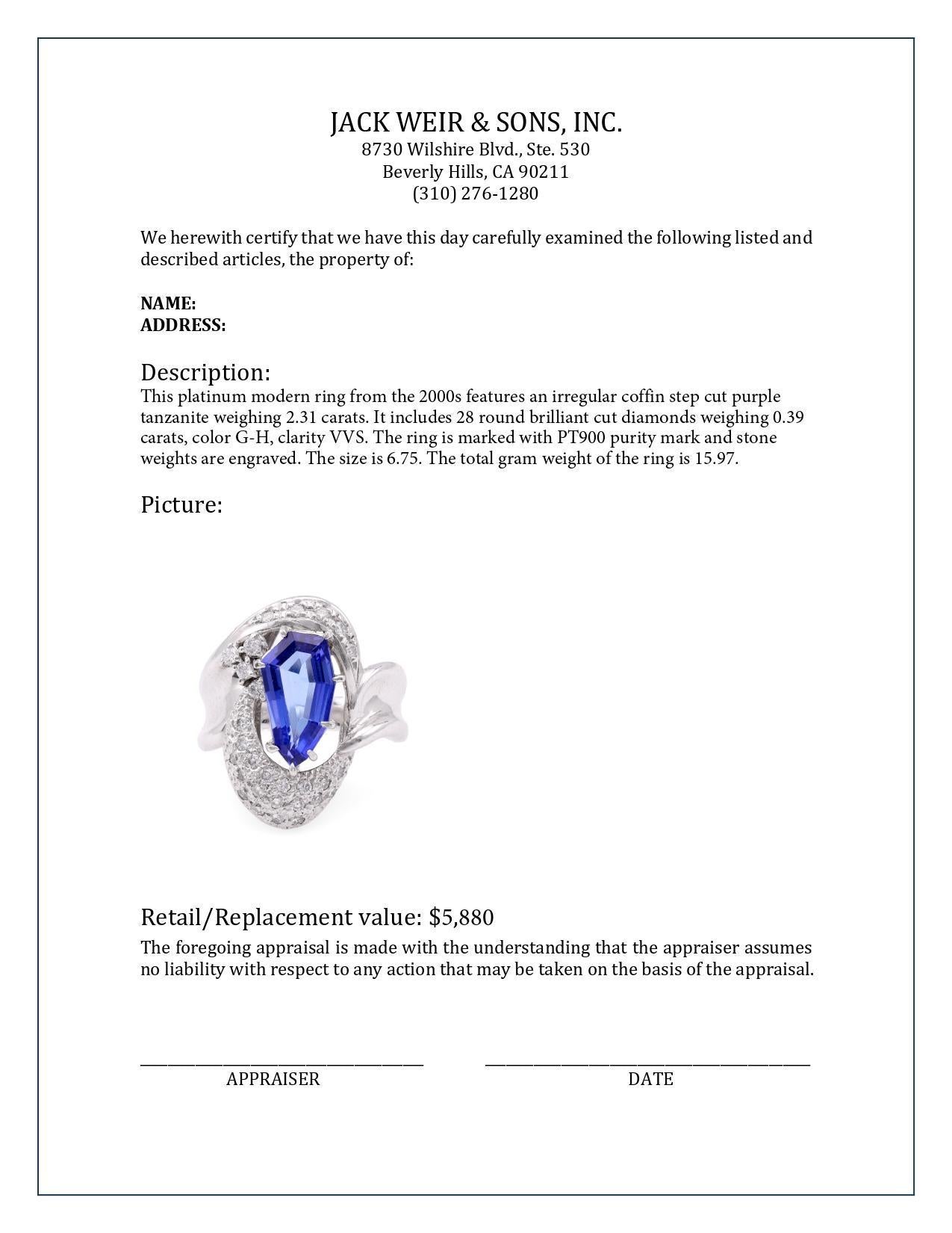 Modern 2.31 Carat Coffin Step Cut Tanzanite Diamond Platinum Cocktail Ring In Excellent Condition In Beverly Hills, CA