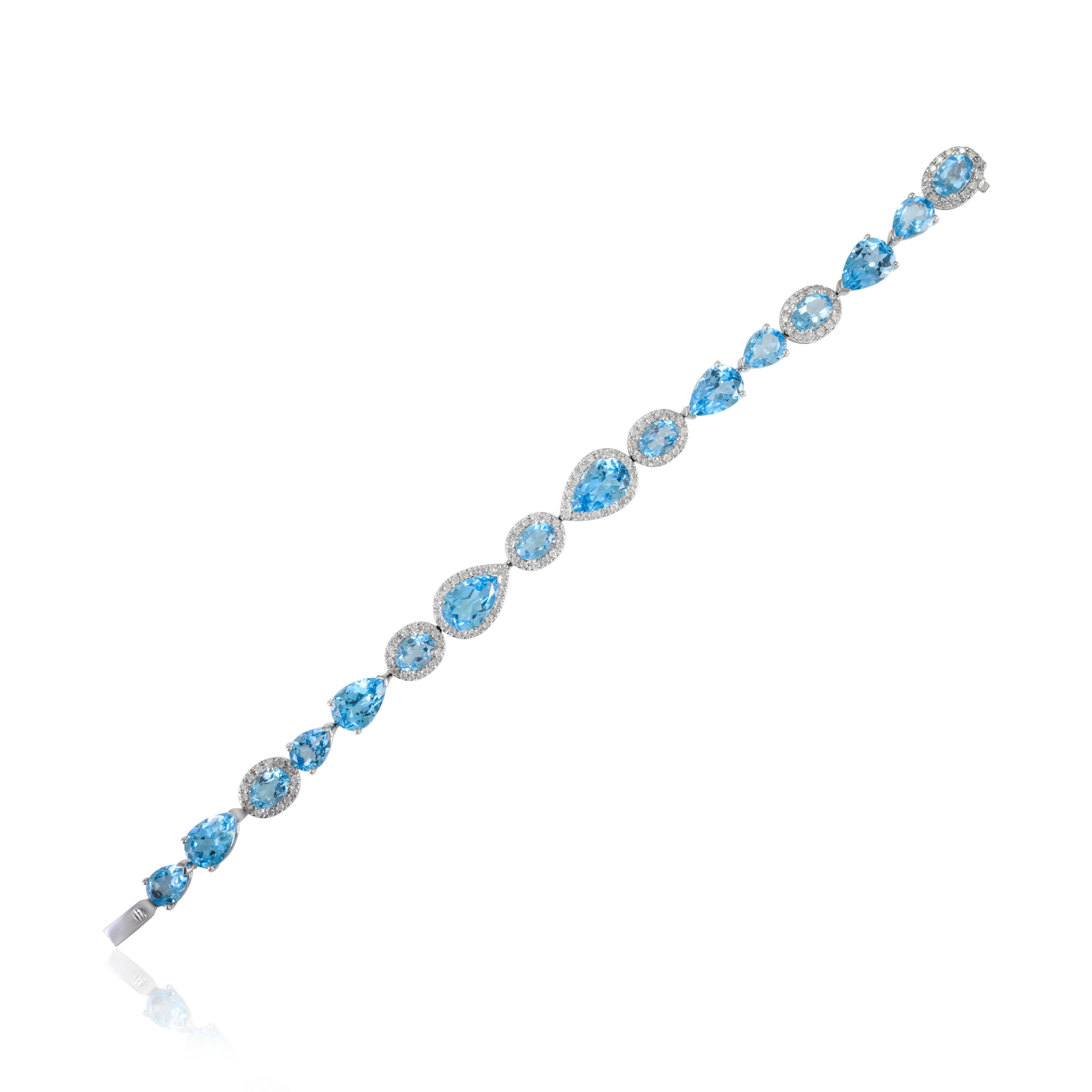 25.92ct Topaze bleue et diamant Halo Bracelet de tennis en or blanc 18k Neuf - En vente à Houston, TX