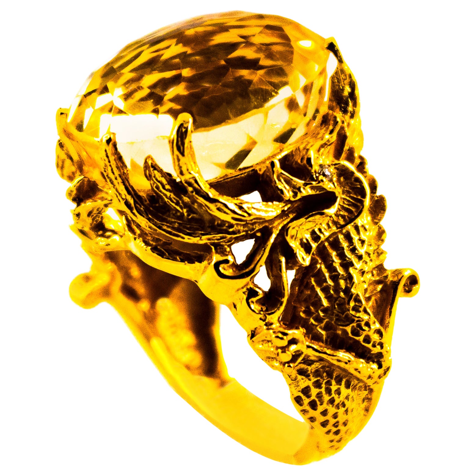Modern 27.75 Carat Citrine White Diamond Yellow Gold "Dragons" Cocktail Ring For Sale