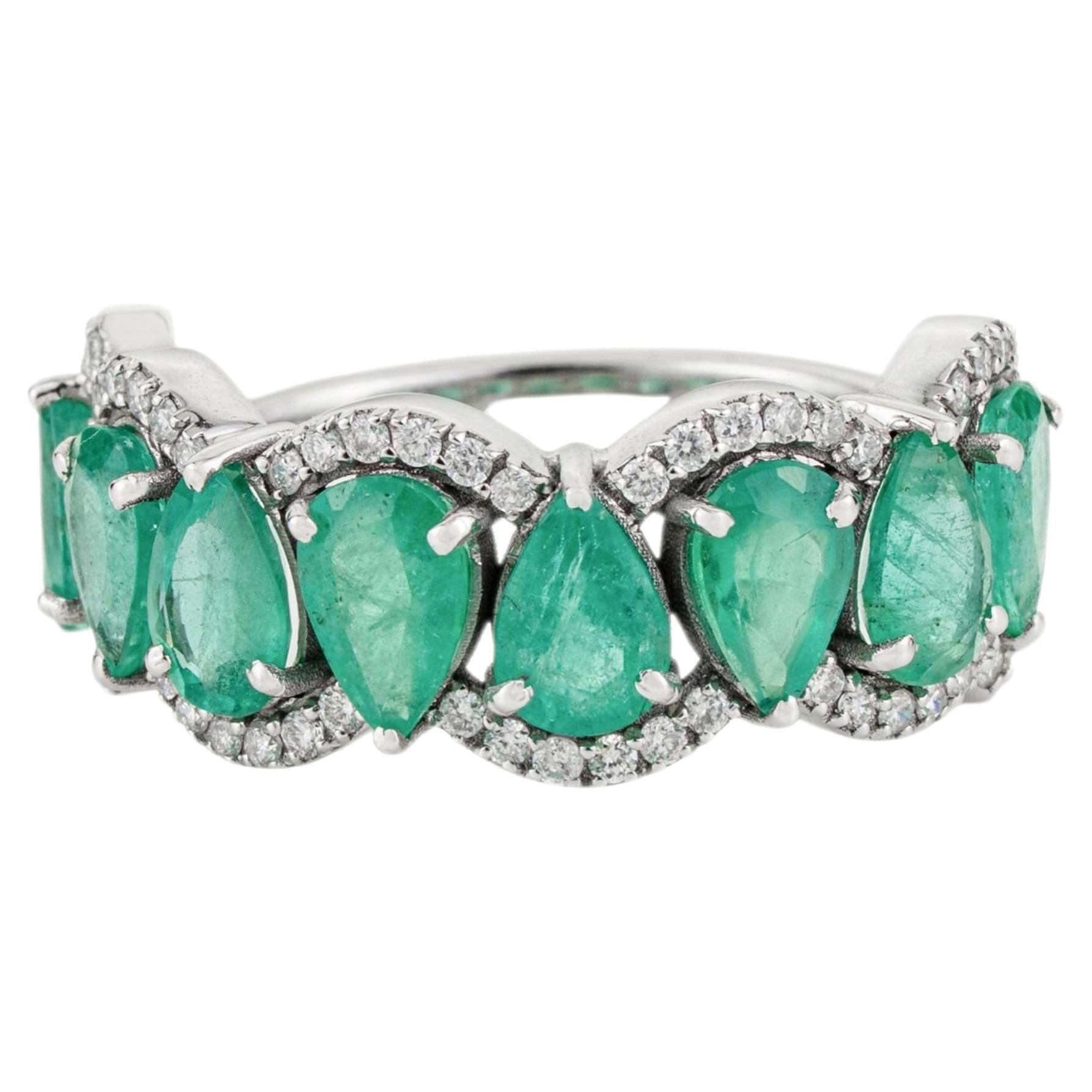 Modern 2.91ct Pear Cut Emerald & Diamond Half Eternity Band Ring 14K White Gold