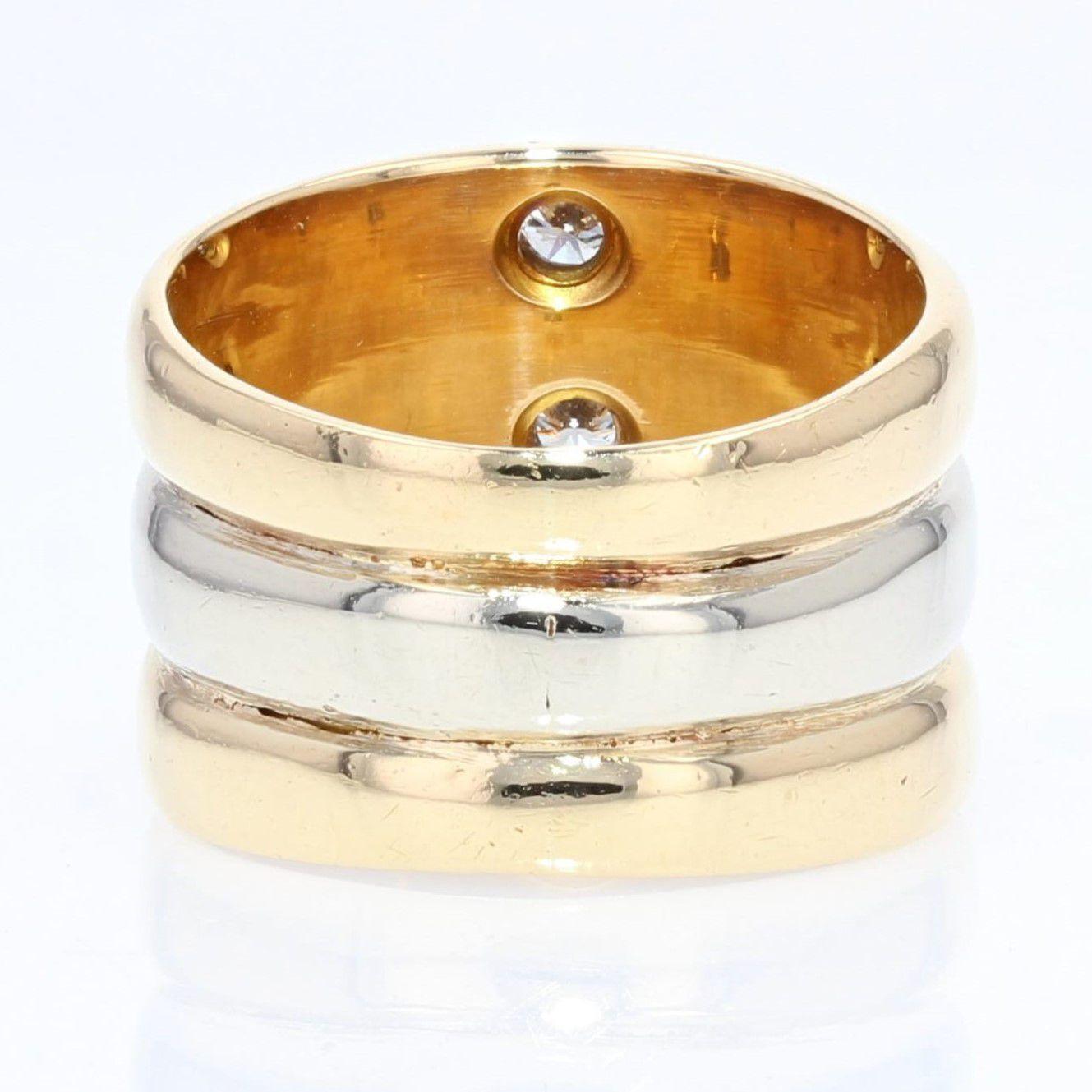 Modern 3 Diamonds 18 Karat Yellow White Gold Bangle Ring For Sale 4
