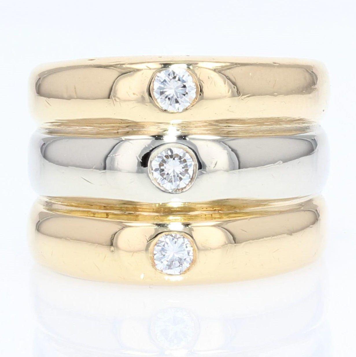 Modern 3 Diamonds 18 Karat Yellow White Gold Bangle Ring For Sale 2