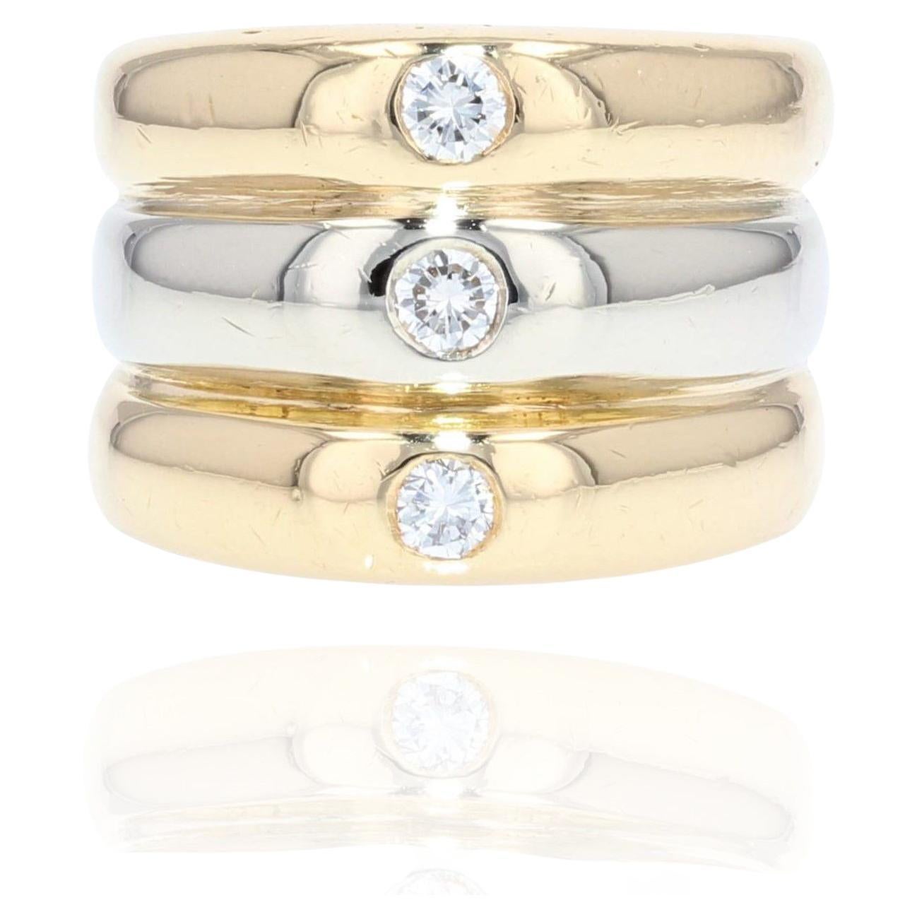 Modern 3 Diamonds 18 Karat Yellow White Gold Bangle Ring
