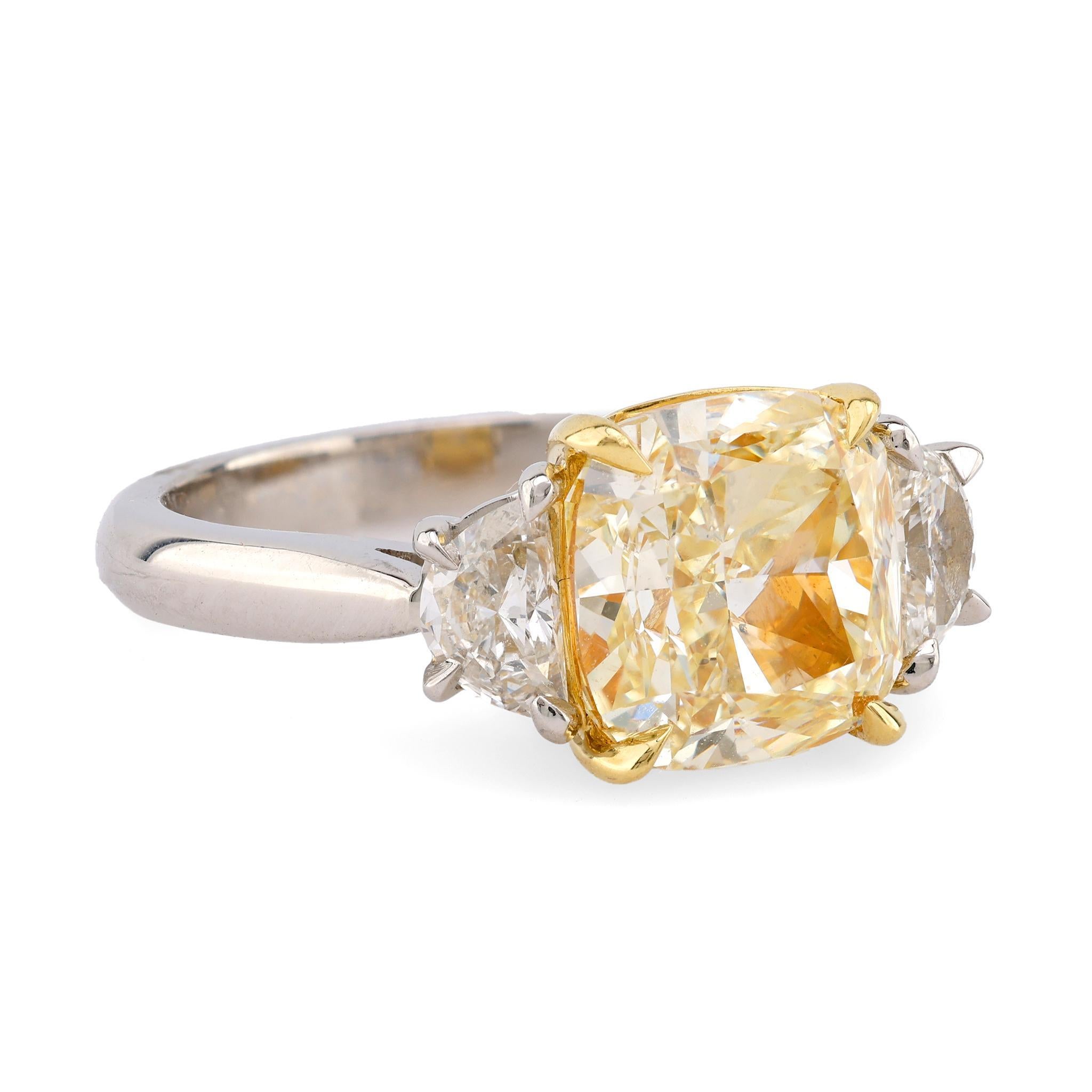 Cushion Cut Modern 3.08 Carat EGL Fancy Yellow Diamond Platinum Three Stone Ring