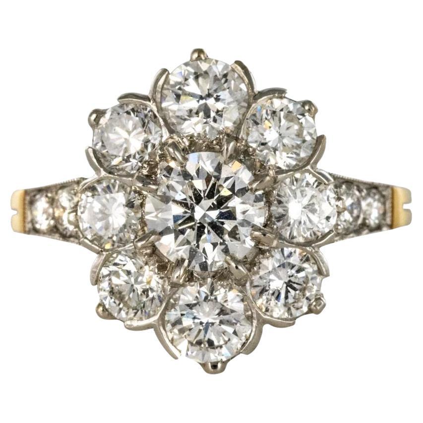 Modern 3, 18 Carats Diamonds 18 Karat Yellow Gold Platinum Daisy Ring For Sale