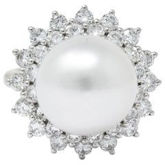 Modern 3.20 Carat Diamond Cultured South Sea Pearl 14 Karat White Gold Ring