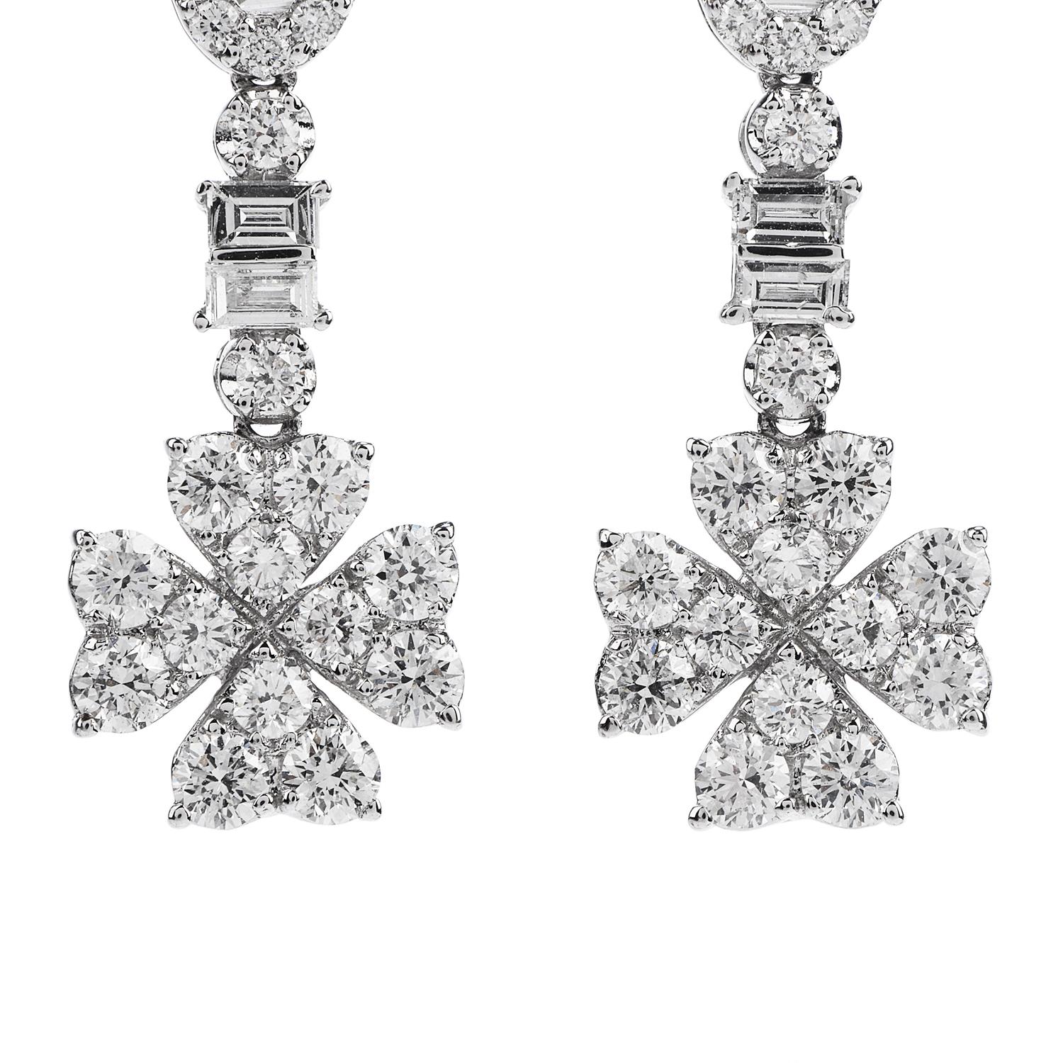 These irresistible 18k white gold dangling earrings features a Floral like cluster of multi shaped diamonds.  

An approximate 3.20 carats baguettes and round cut natural diamond  adorns earrings F-G color, VS1 and SI1 clarity.   

Total diamonds:
