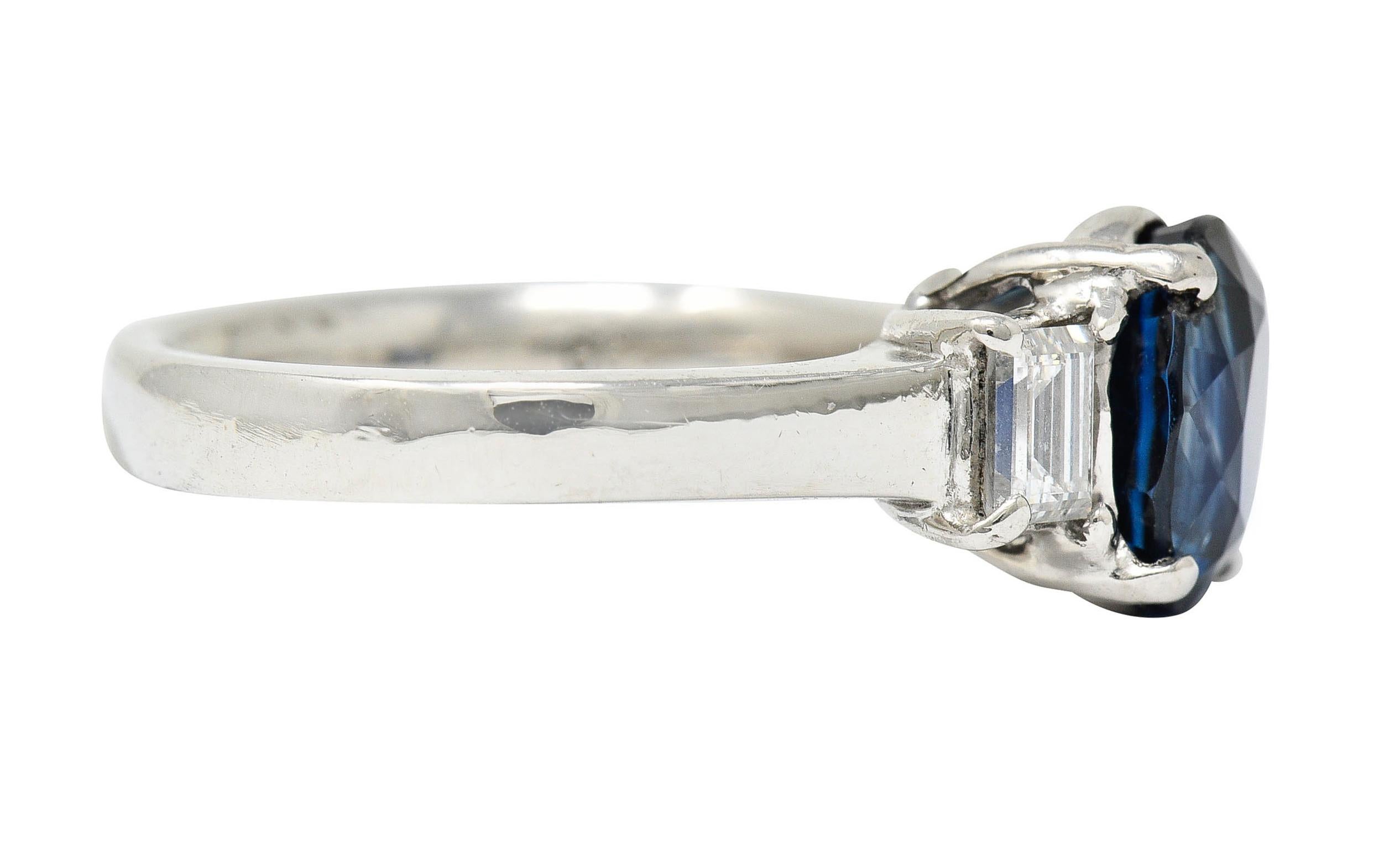 Contemporary Modern 3.36 Carats Sapphire Diamond Platinum Three Stone Ring For Sale