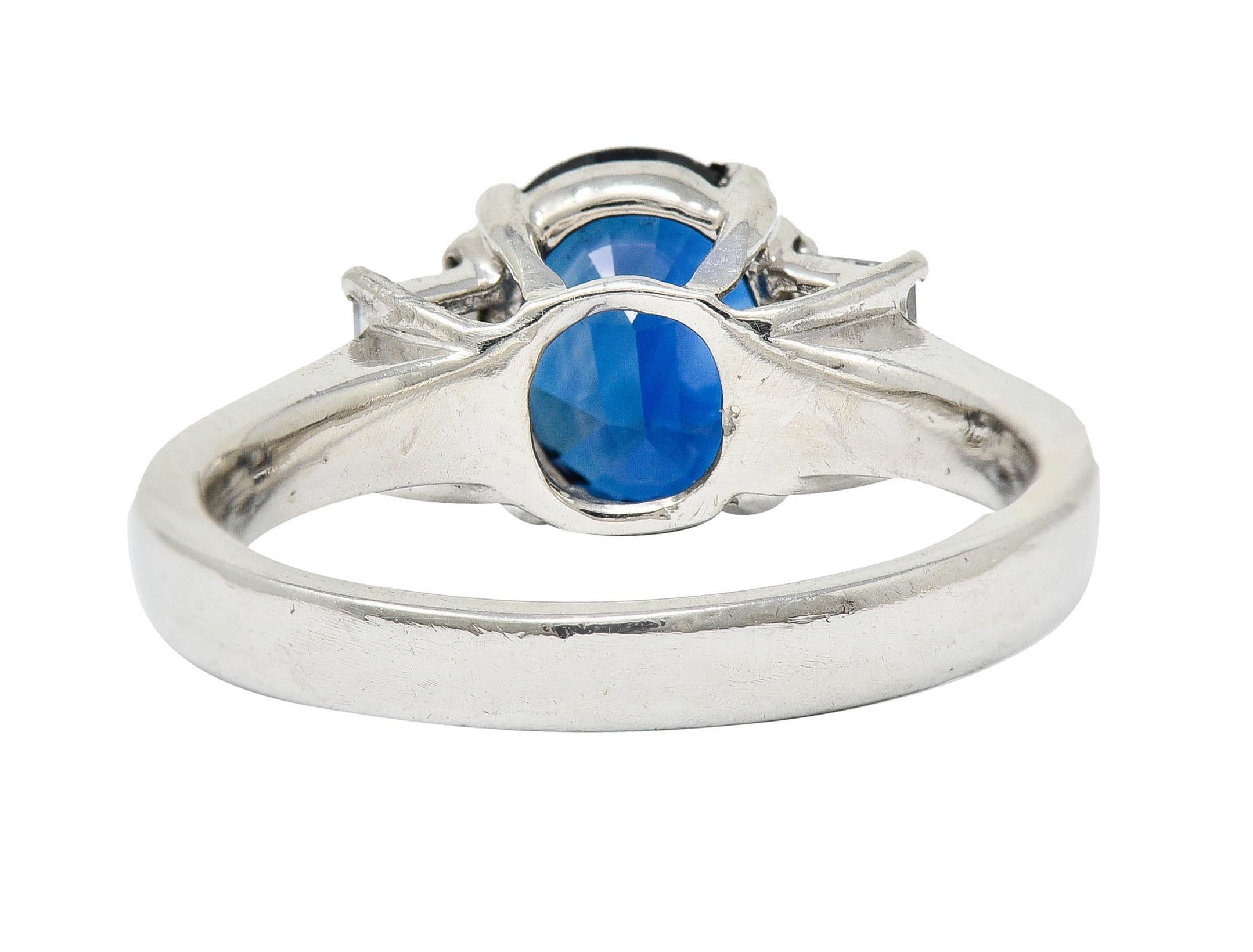 Oval Cut Modern 3.36 Carats Sapphire Diamond Platinum Three Stone Ring For Sale
