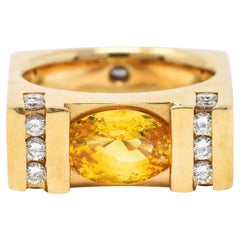 Modern 3.45 Carats Yellow Sapphire Diamond 14 Karat Gold Cushion Band Ring
