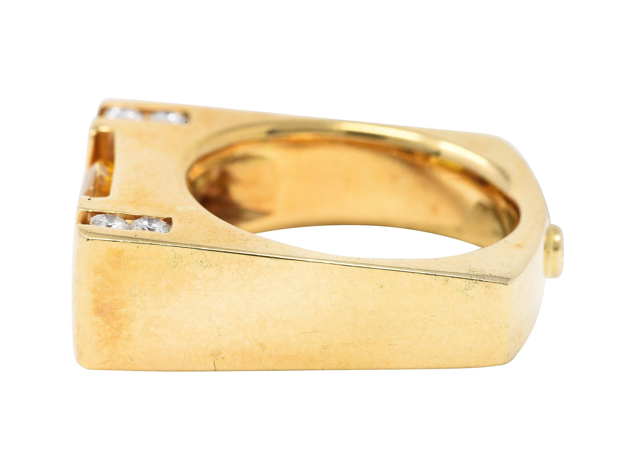 Modern 3.45 Carats Yellow Sapphire Diamond 14 Karat Gold Cushion Band Ring 1